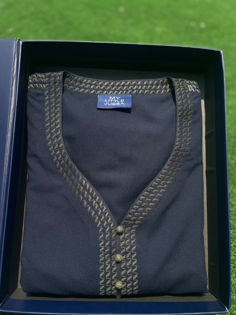 Men's Navy Blue Thobe with Olive Embroidery - 3/4 Sleeve Islamic Prayer Robe - Perfect for Eid, Mosque & Special Occasions