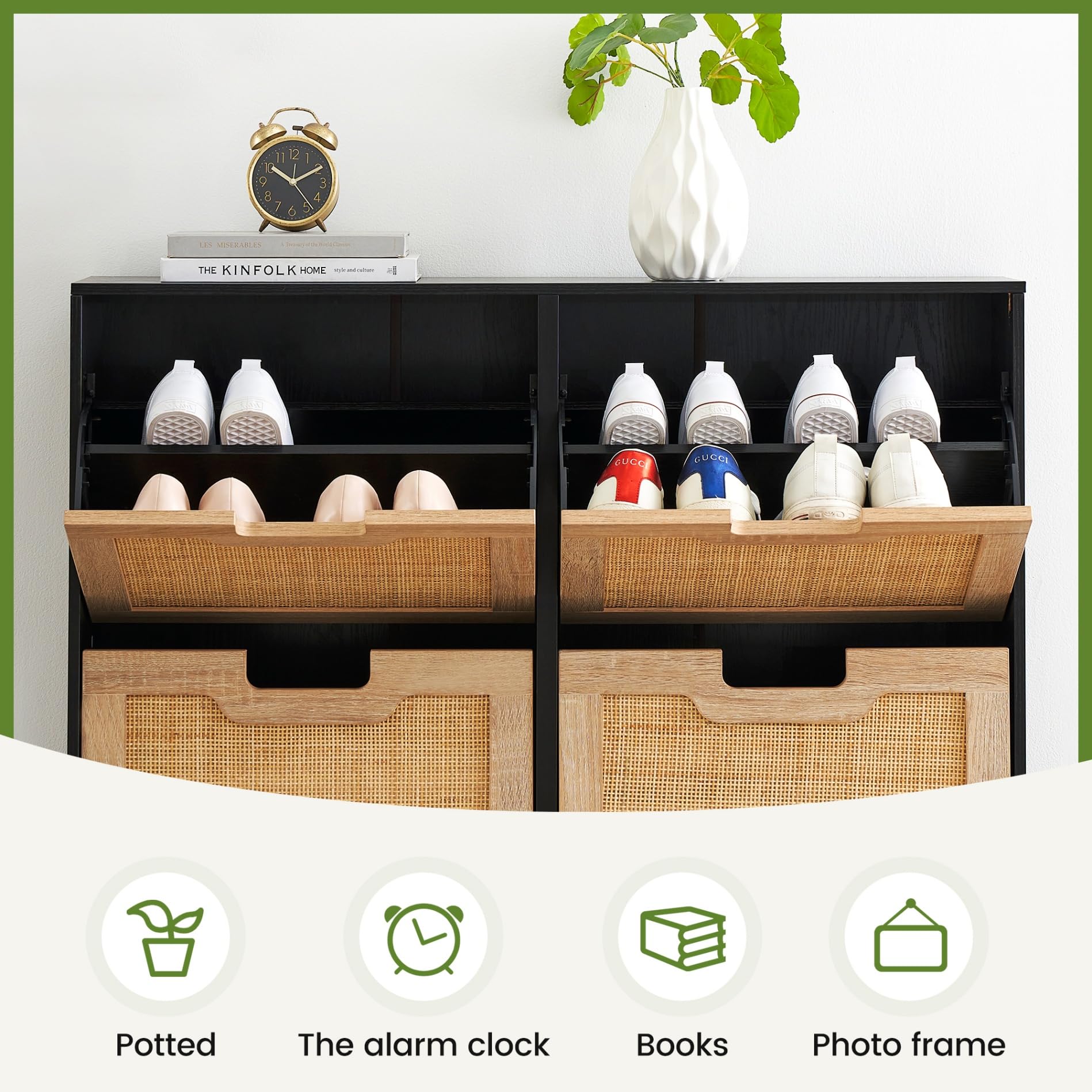 IDEALHOUSE Natural Rattan 4-Door Flip Shoe Cabinet Organizer - Freestanding Modern Shoe Rack with 3-Tier Adjustable Shelves for Entryway, Closet, Hallway - Perfect for Small Spaces, Apartment Living & Home Organization
