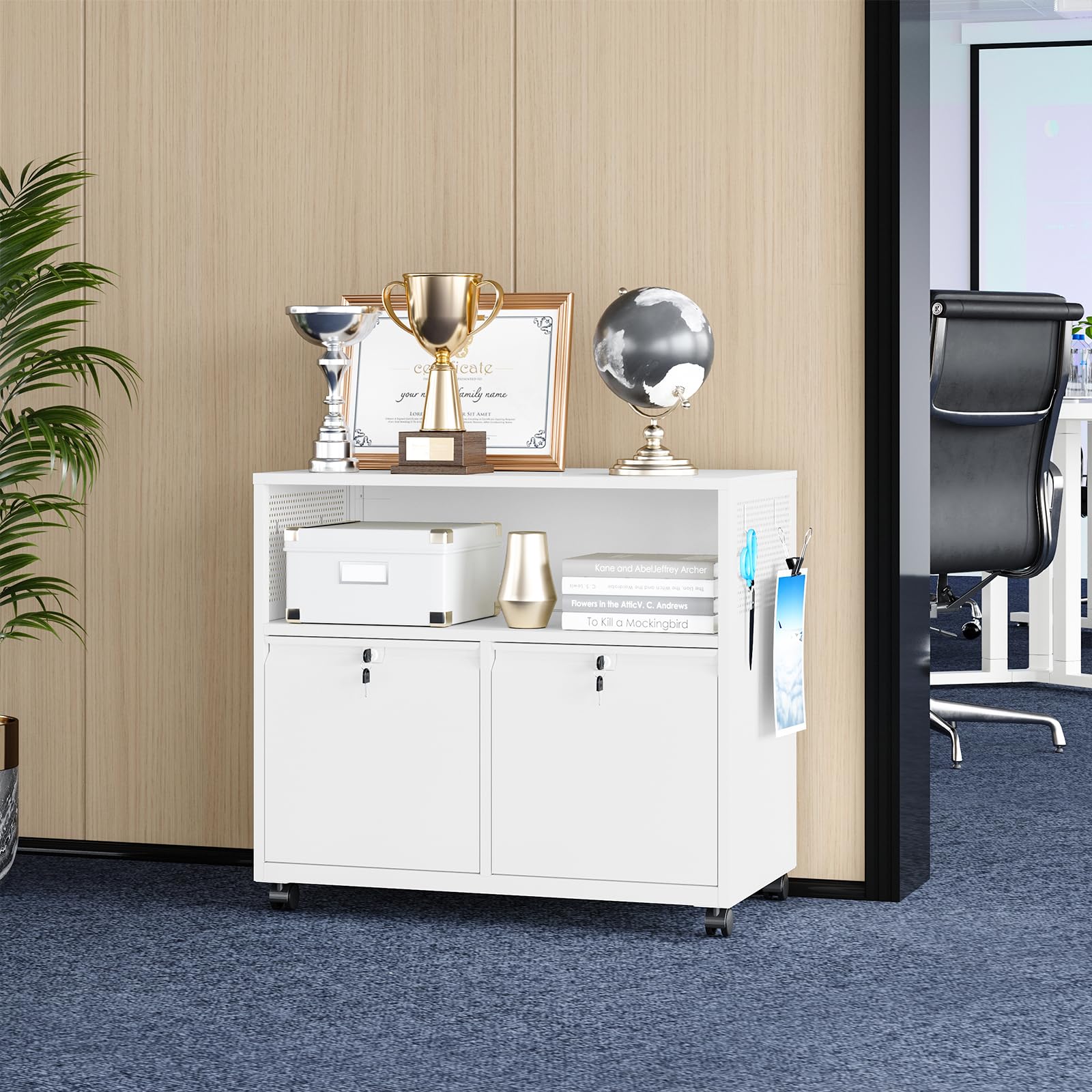 2-Drawer Metal Rolling File Cabinet with Lock & Wheels - Lateral Filing Cabinet for A4 Documents & File Storage - Office, Home, or Classroom Organization