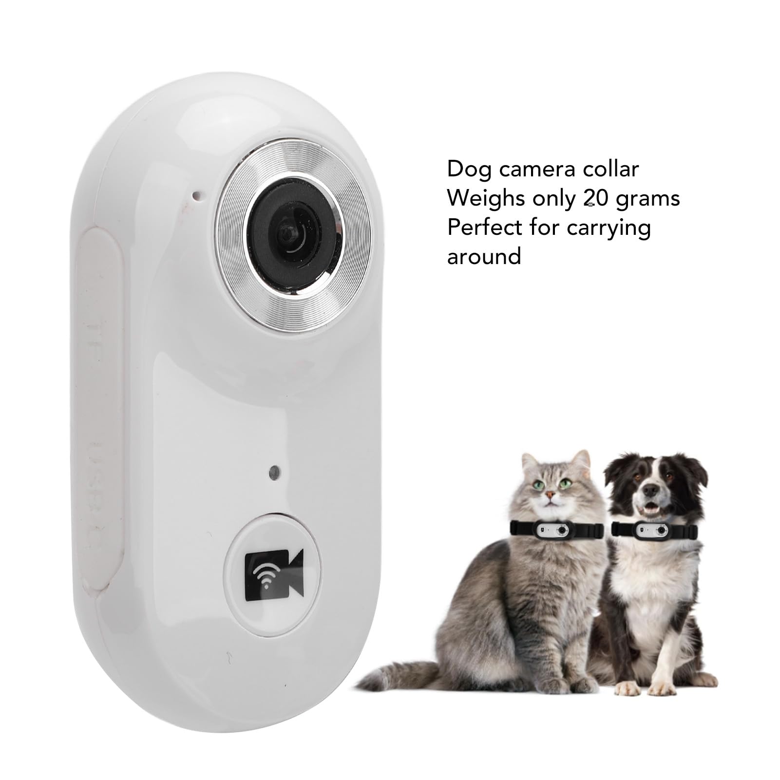 1080P Lightweight Pet Collar Camera with OTG USB Connection - Dog Action Camera for Outdoor & Indoor Use - 120° Wide Angle, 8GB Memory Card, Back Clip Design (White) - Perfect for Hiking, Training & Home Monitoring