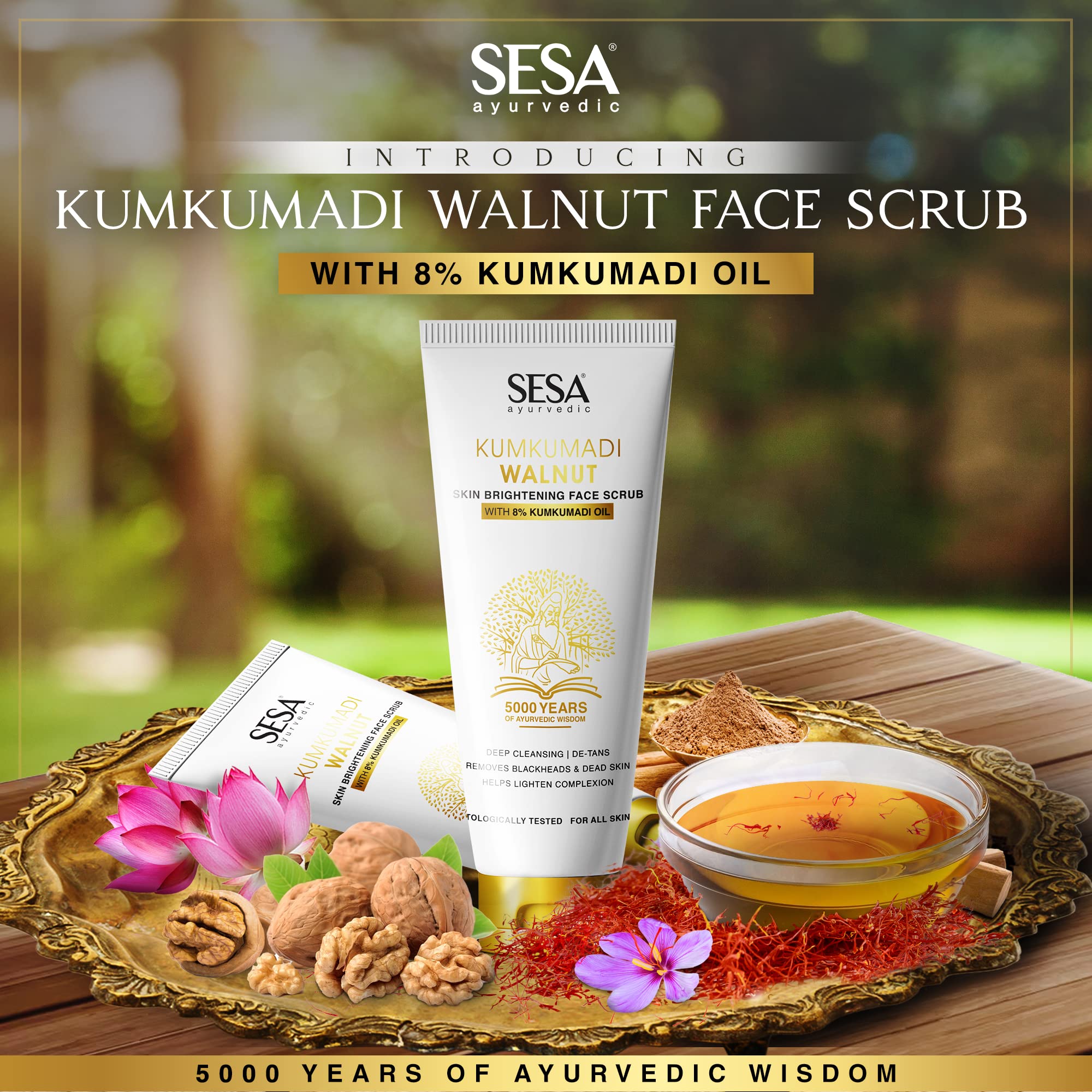 SESA 8% Kumkumadi Walnut Face Scrub 100g - Exfoliating Scrub for Blackhead & Whitehead Removal, Deep Cleansing & Detanning - Natural Skincare for Women & Men - Perfect for Daily Face Care & Glowing Skin