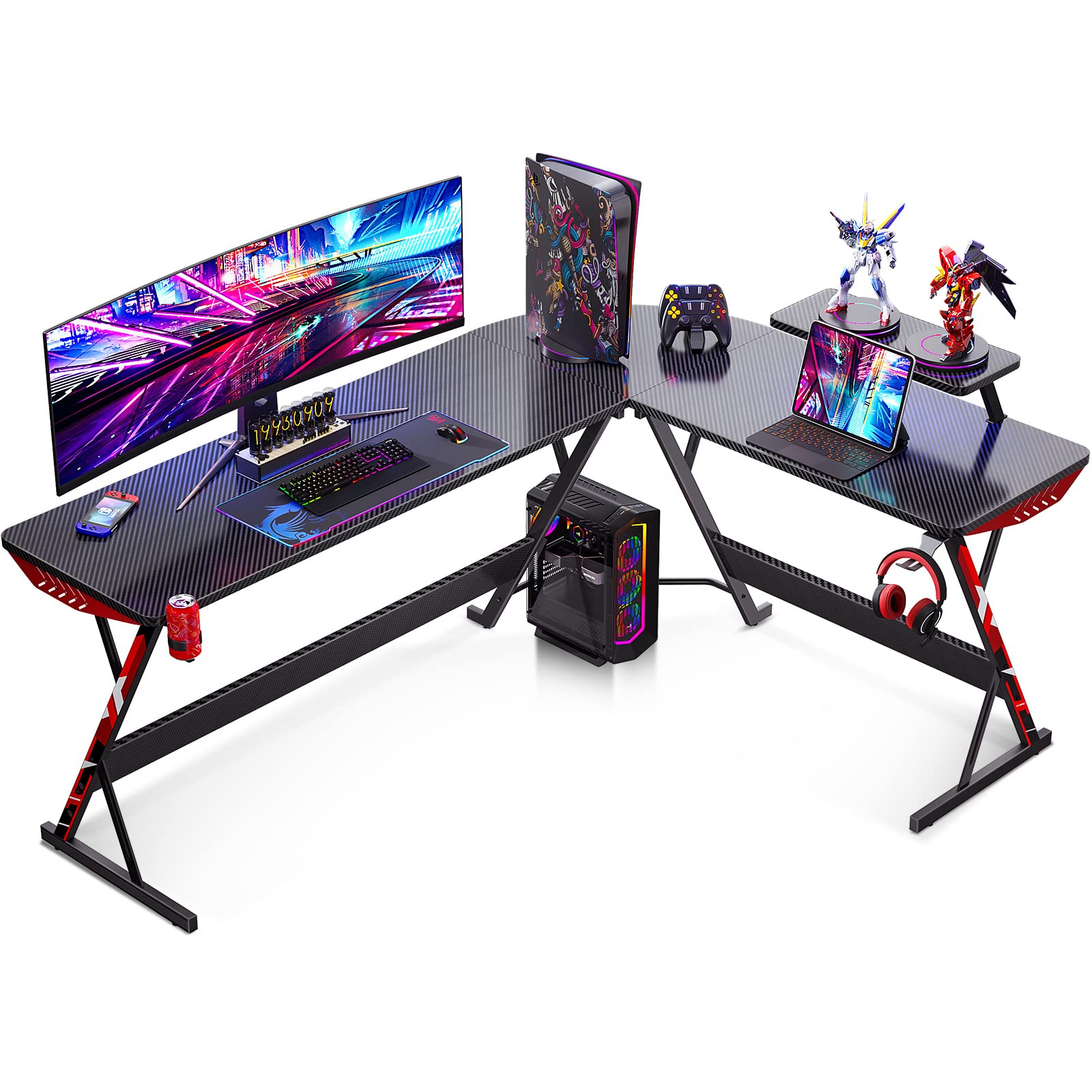 L Shaped Gaming Desk with Monitor Shelf & Cup Holder - Carbon Fiber Texture Black Corner Computer Desk for Gamers - Perfect for Streaming, Esports & Home Office Setup