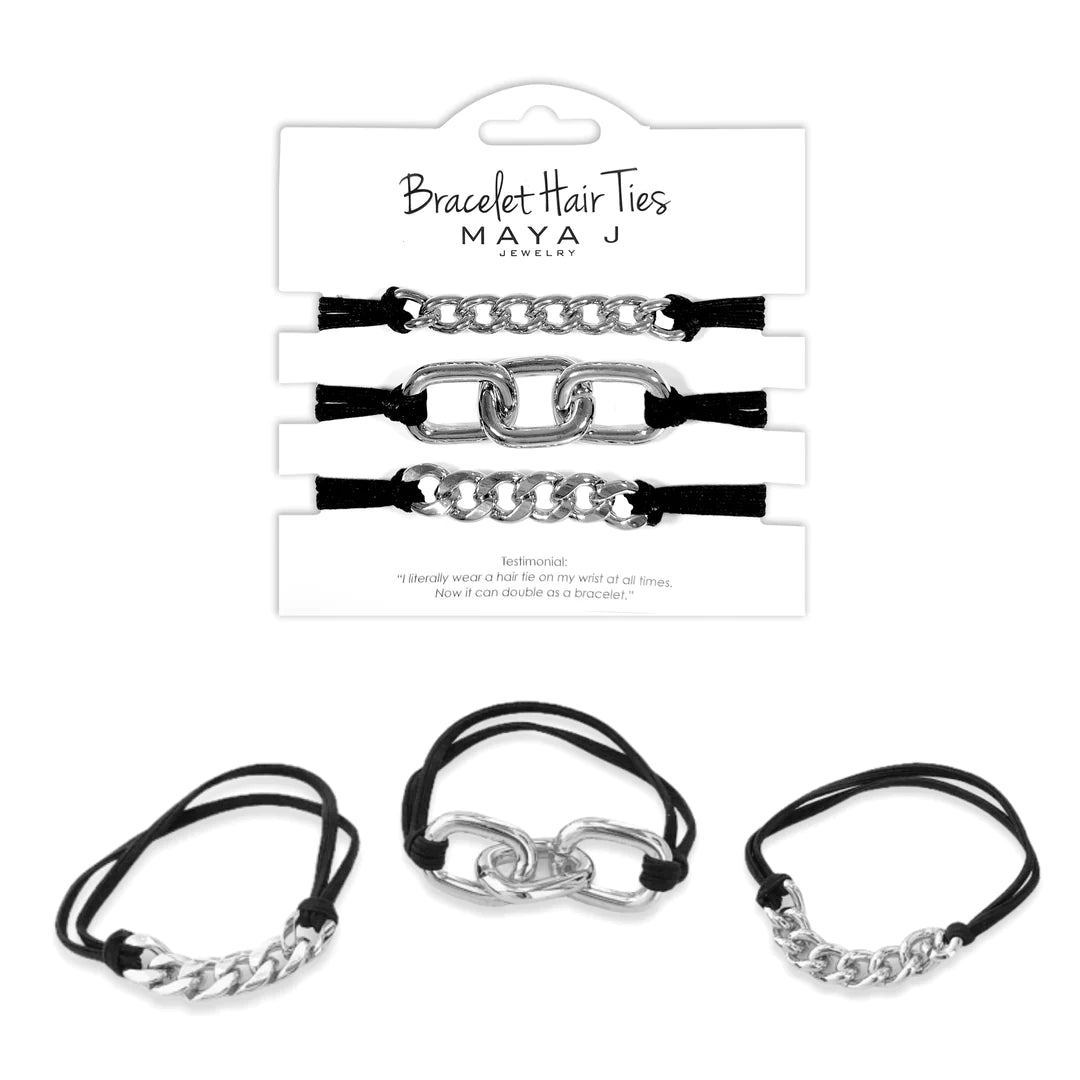Maya J Elastic Bracelet Hair Ties - Black & Silver Hair Accessories for Women | Perfect for Workouts, Yoga, and Everyday Styling