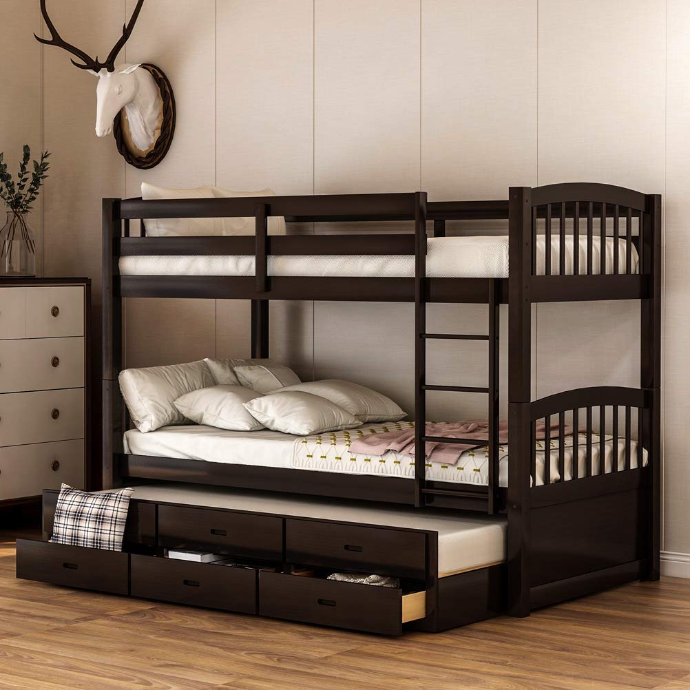 Solid Wood Twin Over Twin Bunk Bed with Trundle & 3 Drawers - Modern Space-Saving Bunk Bed Frame with Ladder & Safety Rails - Converts to 2 Separate Beds - No Box Spring Required (Espresso) - Perfect for Kids' Bedrooms, Guest Rooms & Small Spaces