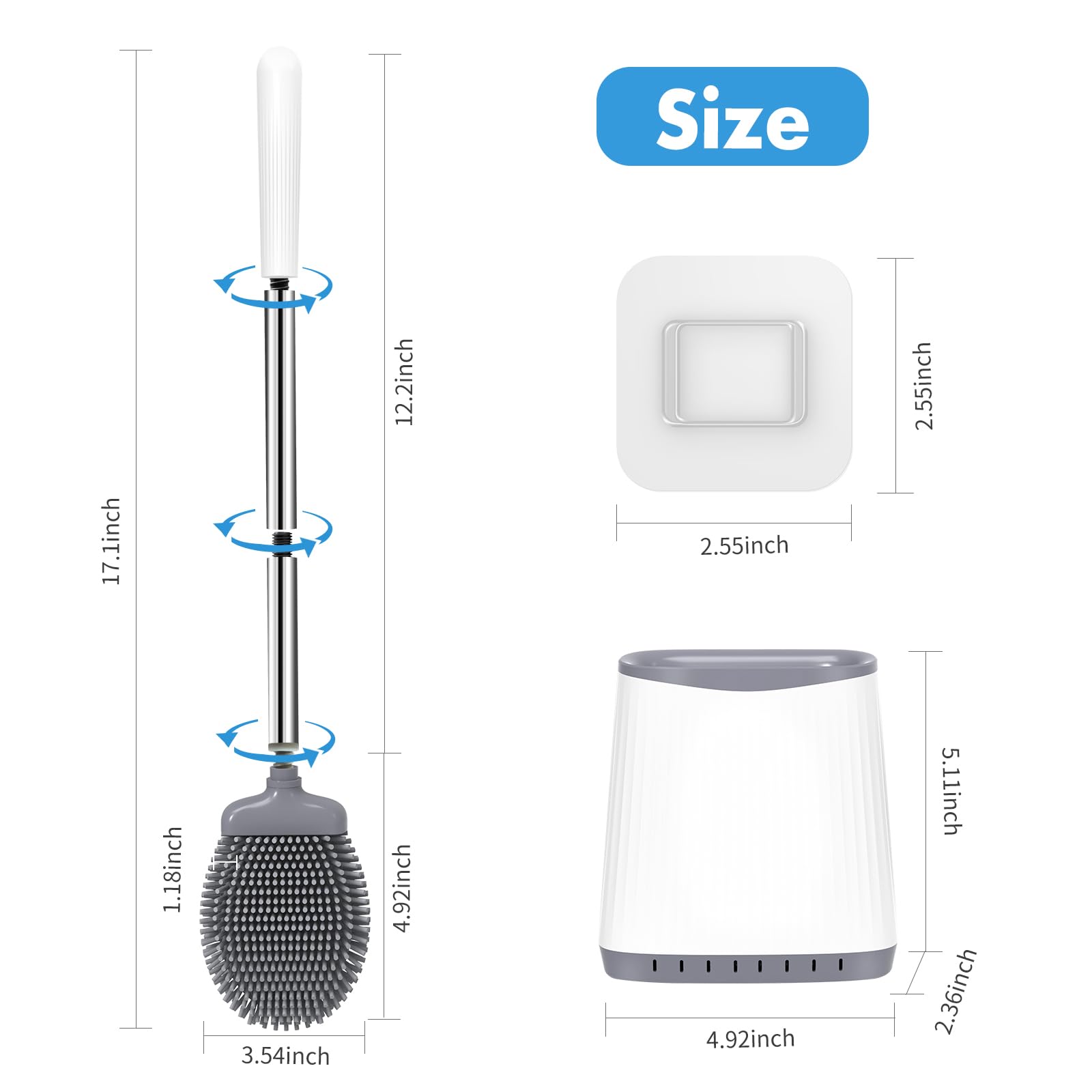 2 Pack TRENTI Silicone Toilet Brush Set with Holder - Flexible Toilet Bowl Brush & Ventilated Wall Mount Holder for Bathroom Deep Cleaning - Compact White Toilet Brush (TRTI-081) - Perfect for Small Bathrooms, RVs & Tight Spaces