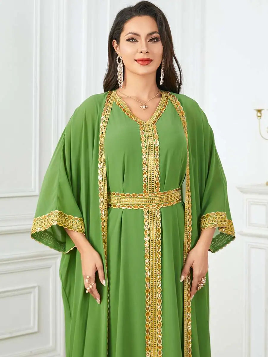 Elegant Eid Chiffon 2-Piece Caftan Dress Set with Sleeveless Inner Dress - Perfect for Muslim Women's Holiday Celebrations, Special Occasions & Summer Outfits