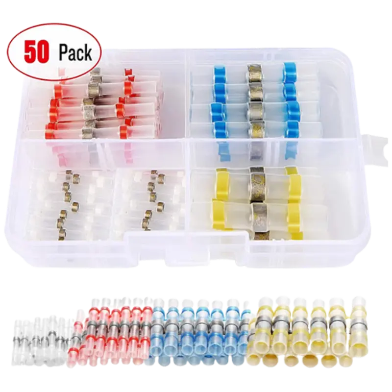 50pcs Waterproof Solder Seal Wire Connectors Kit - Heat Shrink Butt Splice for Marine, Automotive & Electrical Wiring Repairs