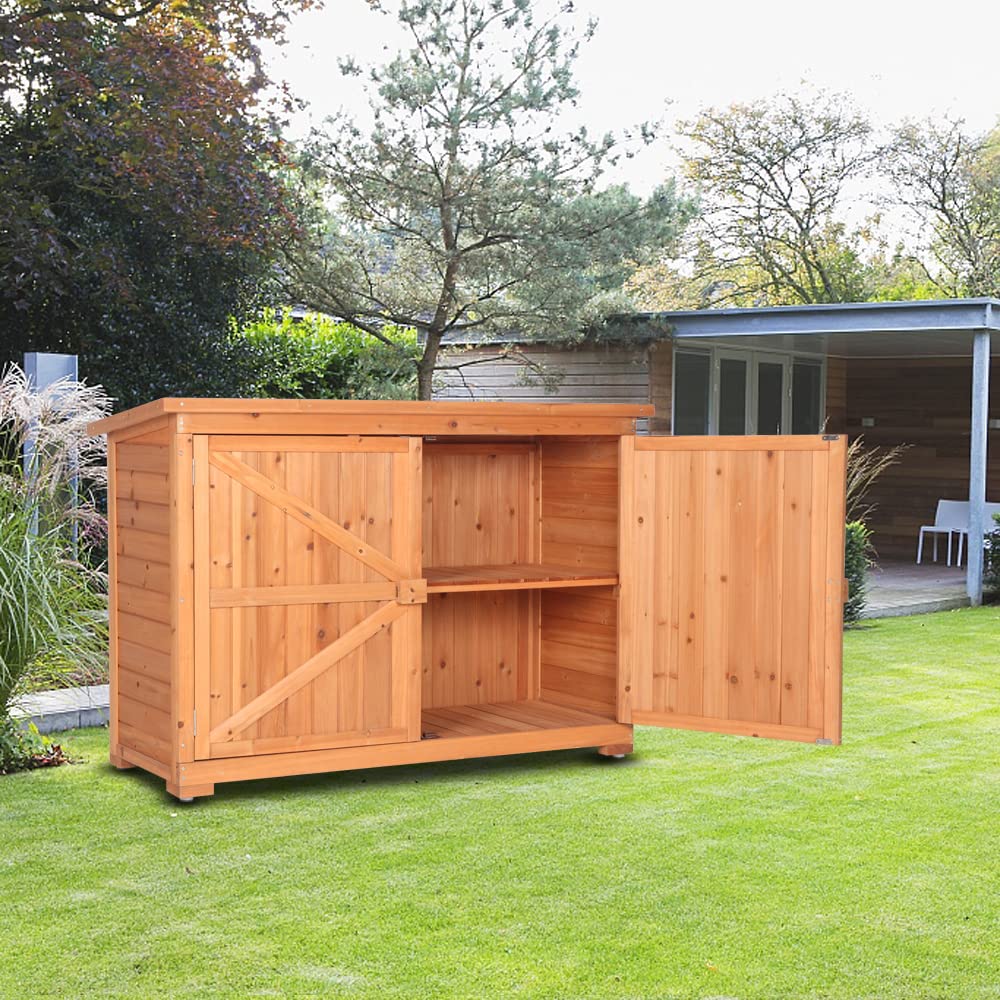 Outdoor Storage Cabinet with Double Lockable Doors - Fir Wood Garden Shed & Tool Organizer for Yard, Patio, and Backyard | Weatherproof Vertical Storage Solution for Gardening Tools, Pool Supplies & Outdoor Equipment