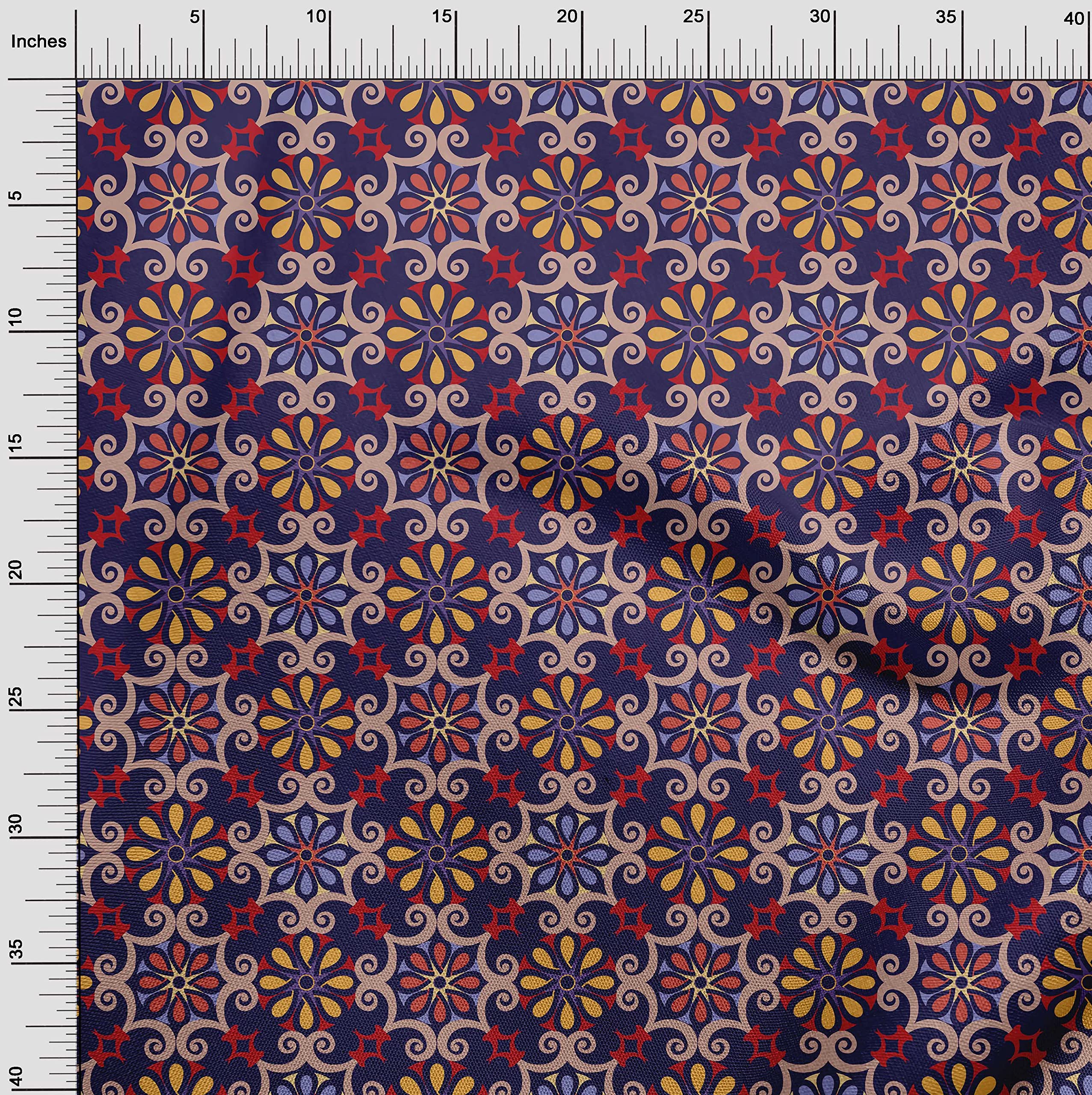 Premium Polyester Spandex Blue Suzani Print Fabric - 56