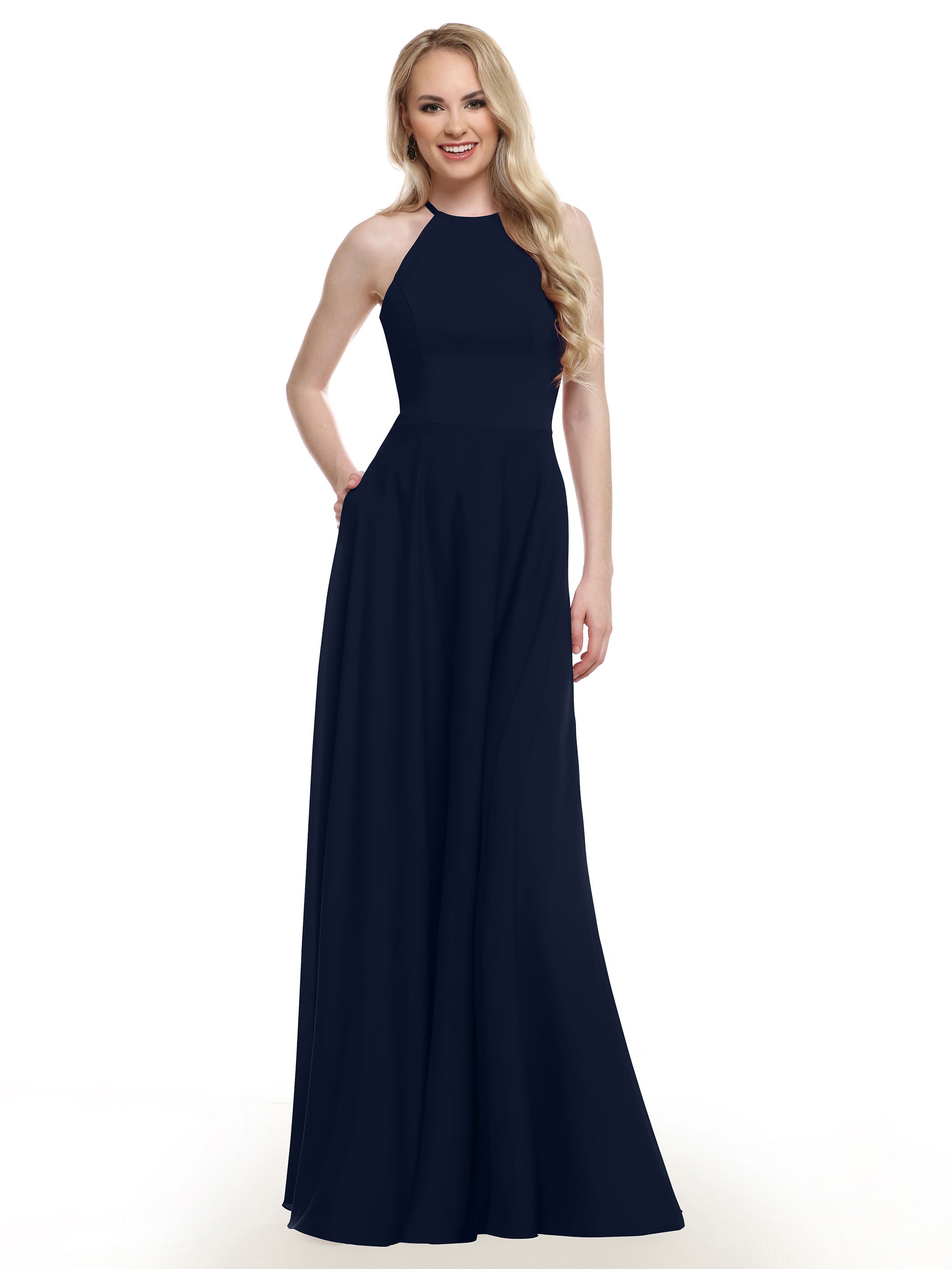 Elegant 83022 Stretch Chiffon Halter A-Line Bridesmaid Dress with Pockets - Perfect for Weddings, Parties & Formal Events