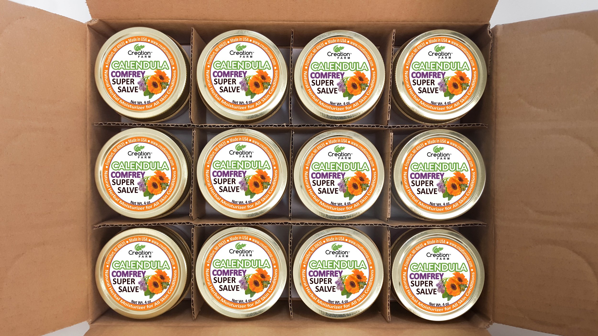 12 Pack Creation Farm Calendula Comfrey Herbal Super Salve - 4 oz Jars (Wholesale) - Natural Skin Care for Dry Hands, Cracked Heels & Minor Burns