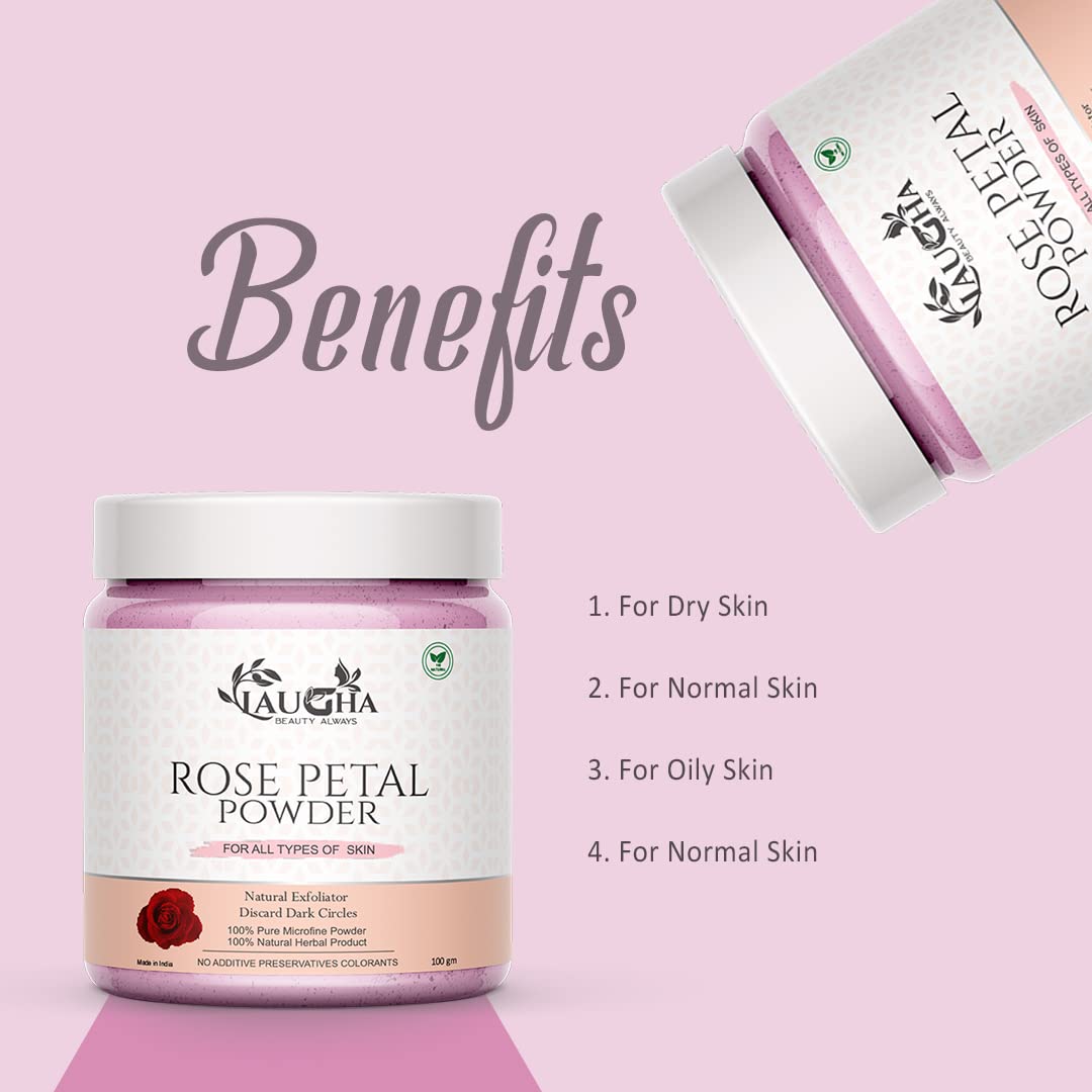 Laugha Natural & Organic Rose Petal Powder for Brightening & Glowing Skin - 100g Face Mask | Chemical-Free, Vegan Skincare for Dry & Sensitive Skin | Perfect for DIY Facials, Spa Days & At-Home Beauty Treatments