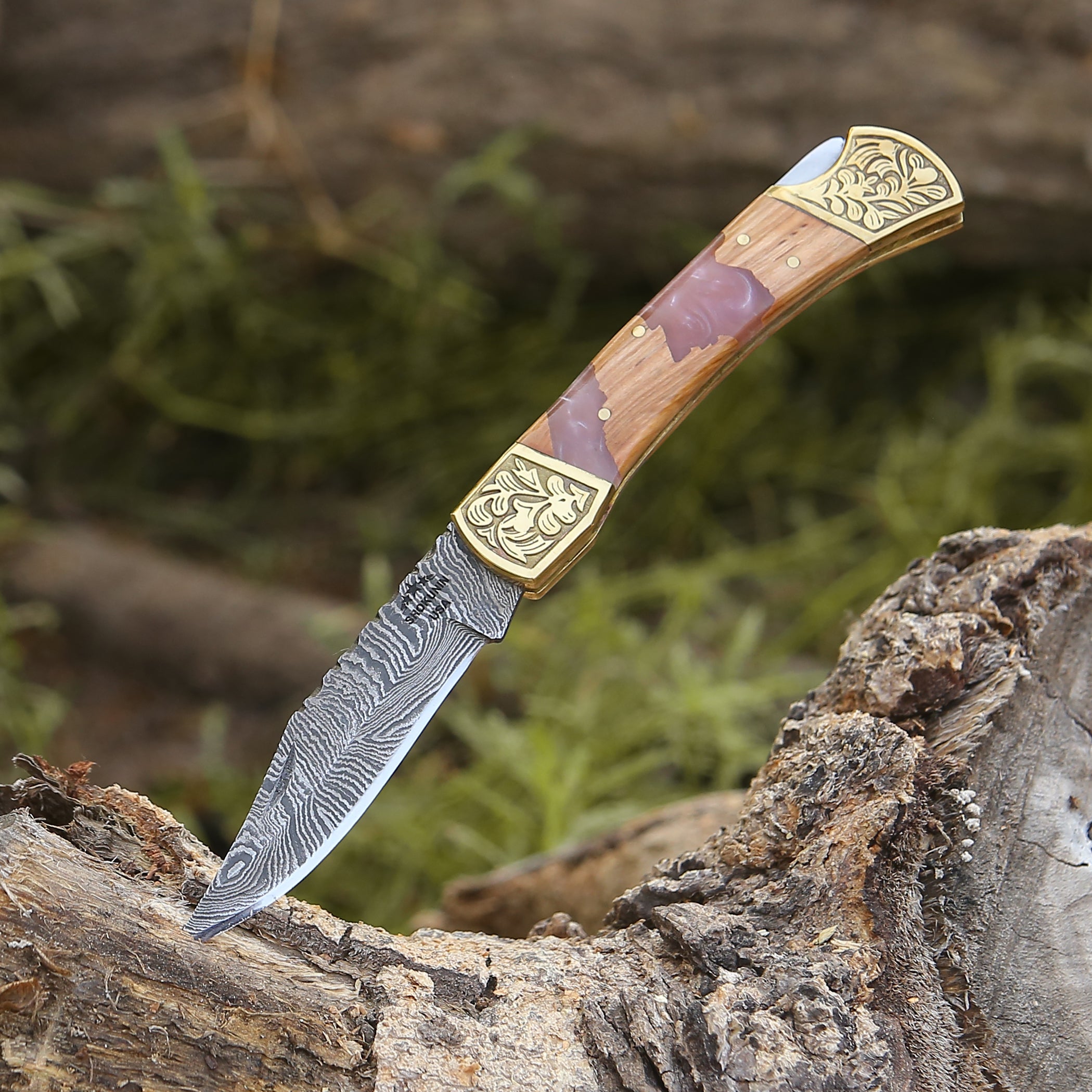 Handmade Damascus Steel Pocket Knife with Leather Sheath & Olive Wood Handle - Perfect for Camping, Hiking, EDC & Outdoor Adventures