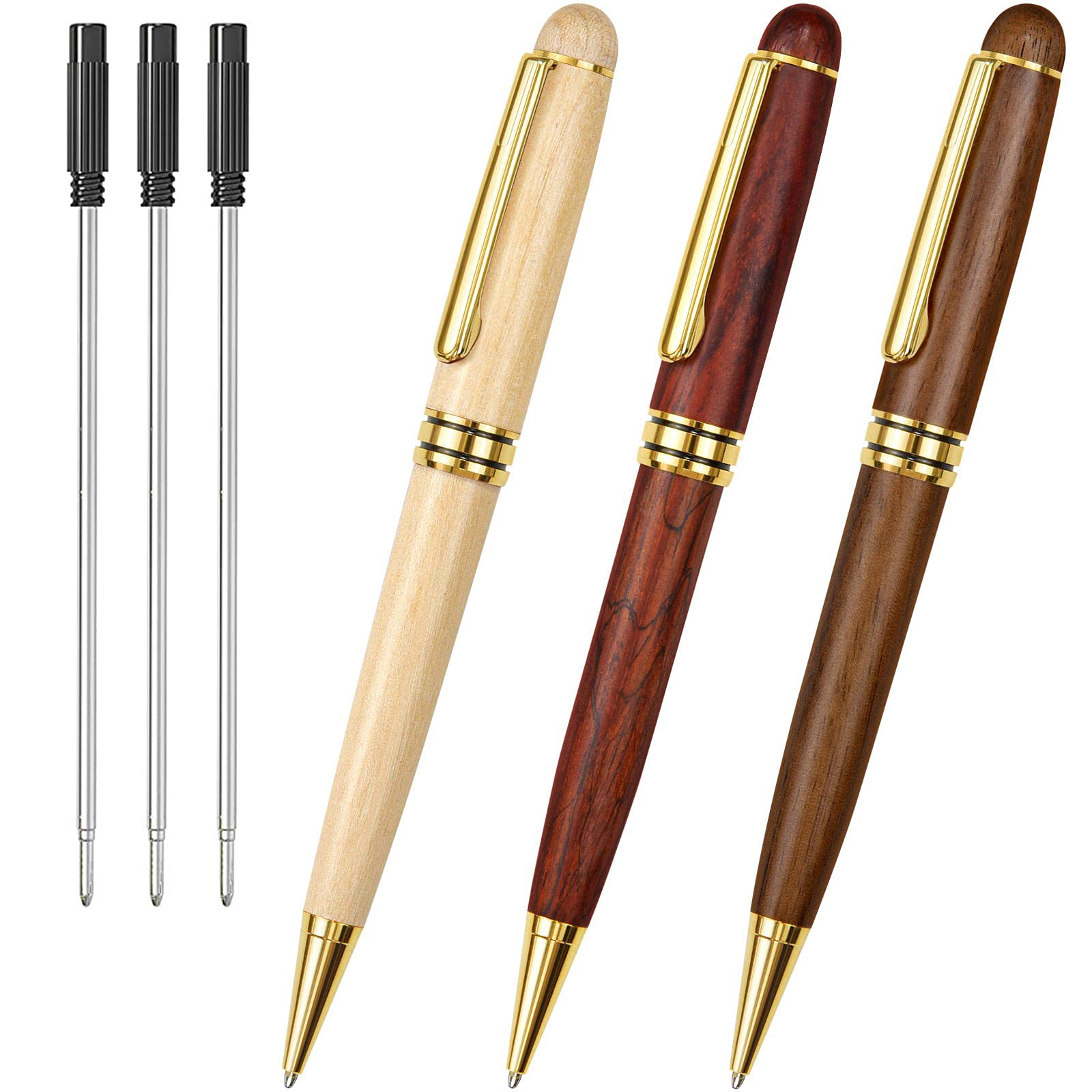 Premium Metal & Wood Ballpoint Pens Set - Executive Black Ink 1.0mm (3 Pens + 3 Refills) in Gift Box - Luxury Writing Pens for Men, Women, Professionals - Perfect for Office, Journaling, Business Gifts & Christmas Presents