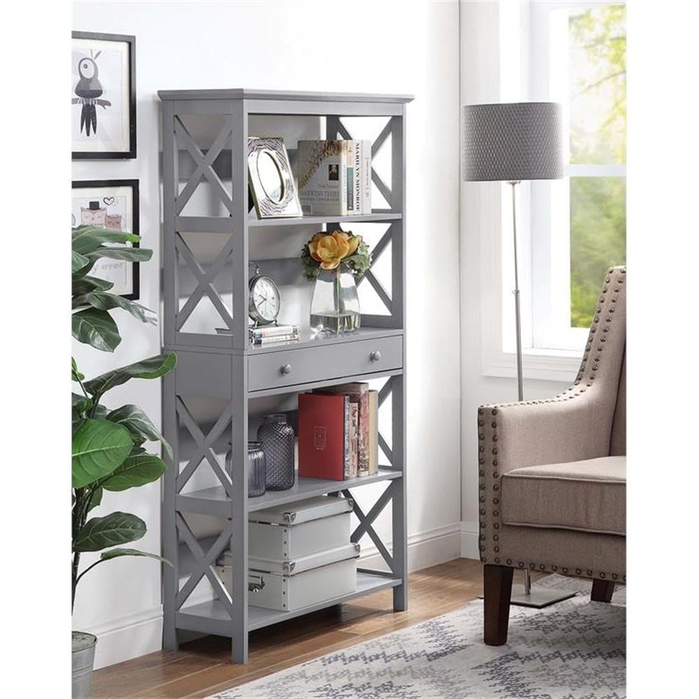 Pemberly Row 5-Tier Bookcase with Storage Drawer - Gray Wood Finish Bookshelf for Living Room, Office & Bedroom Organization