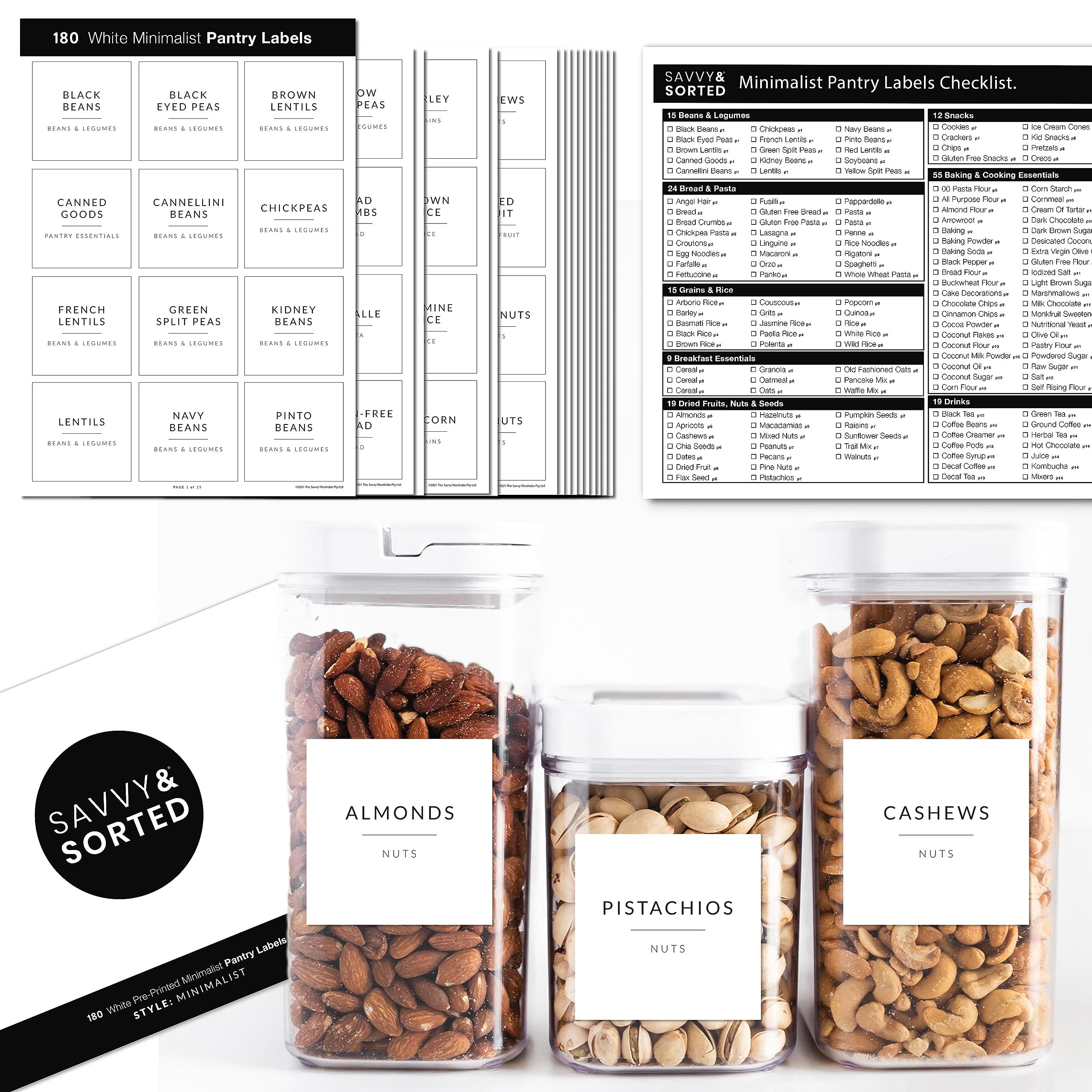 SAVVY & SORTED Minimalist Pantry Labels - 180 Waterproof Vinyl Stickers for Food Containers & Kitchen Organization | Perfect for Pantry, Spice Jars, Storage Bins & Home Decluttering