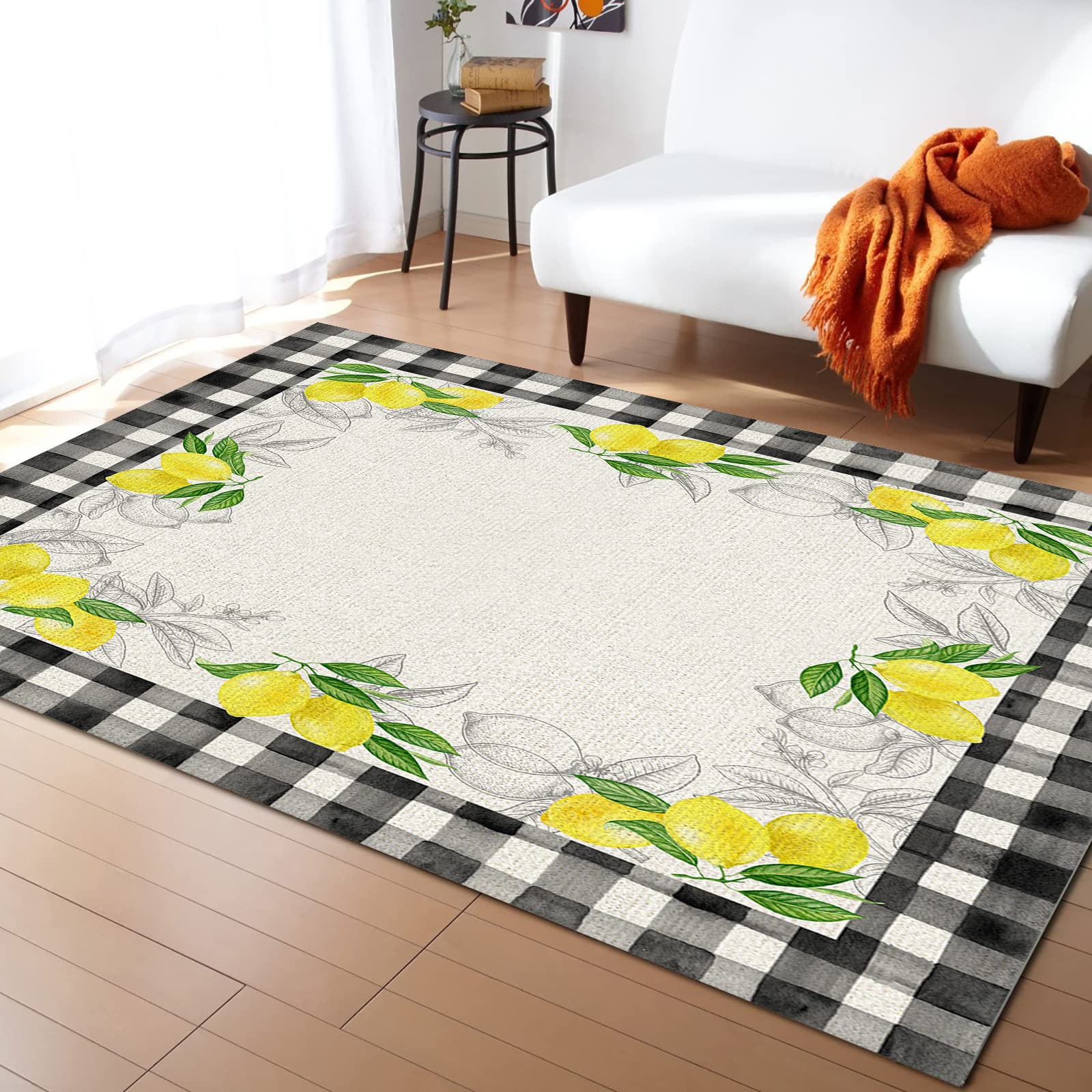 White and Black Plaid Area Runner Rug 4'x7' - Washable Vintage Lemon Summer Fruit Doormat for Indoor & Outdoor Use | Perfect for Kitchen, Living Room, Bathroom, Bedroom, Classroom & Laundry Room | Non-Slip Welcome Mat for Home Decor