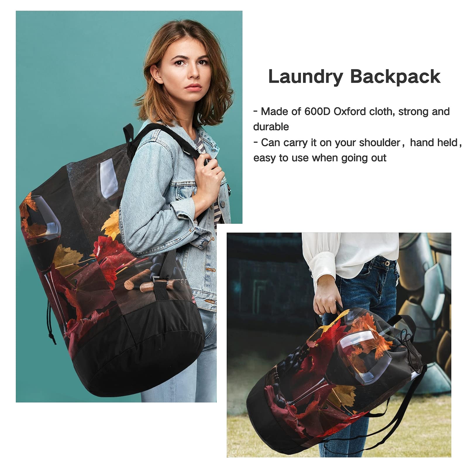 Rustic Style Autumn Fallen Leaves Wine Glass Print Laundry Bag - Adjustable Shoulder Straps & Drawstring Closure, Dorm Travel Hamper Basket for Dirty Clothes, Toy Storage (Perfect for College Dorm, Camping Trips & Laundry Room Organization)
