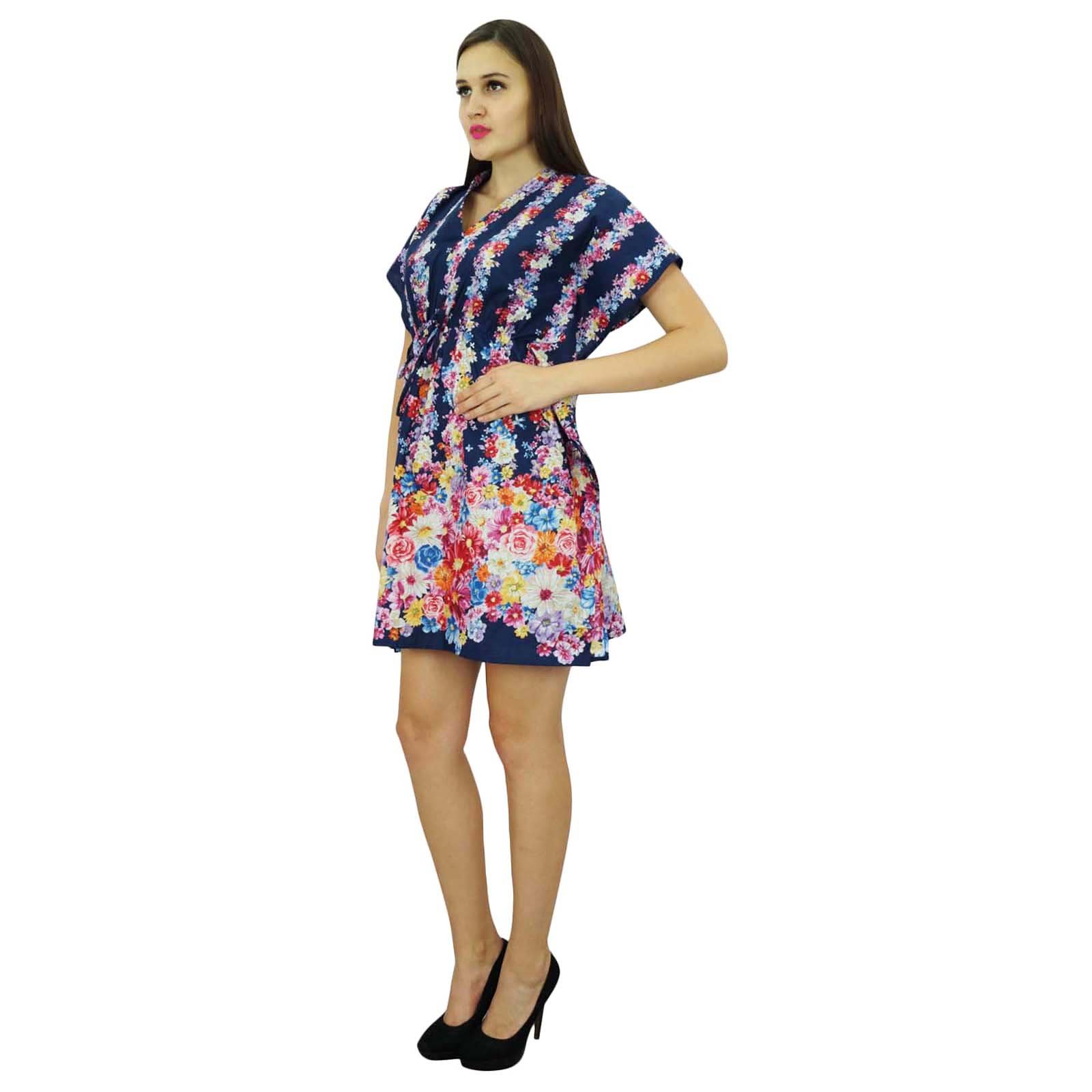 Bohemian Printed Cotton Kaftan Dress for Women - Short Sleeve Beach Tunic, Lightweight Summer Cover Up, Blue Floral Design - Perfect for Beach Vacation, Pool Party & Casual Outings