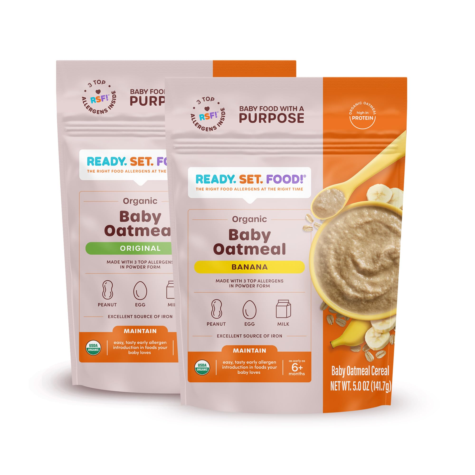 Organic Baby Oatmeal Cereal with Peanut, Egg & Milk - Early Allergen Introduction for Babies 6+ Months | Non-GMO, Gluten-Free Infant Food | Perfect for First Foods & Weaning | 2-Pack Variety Box