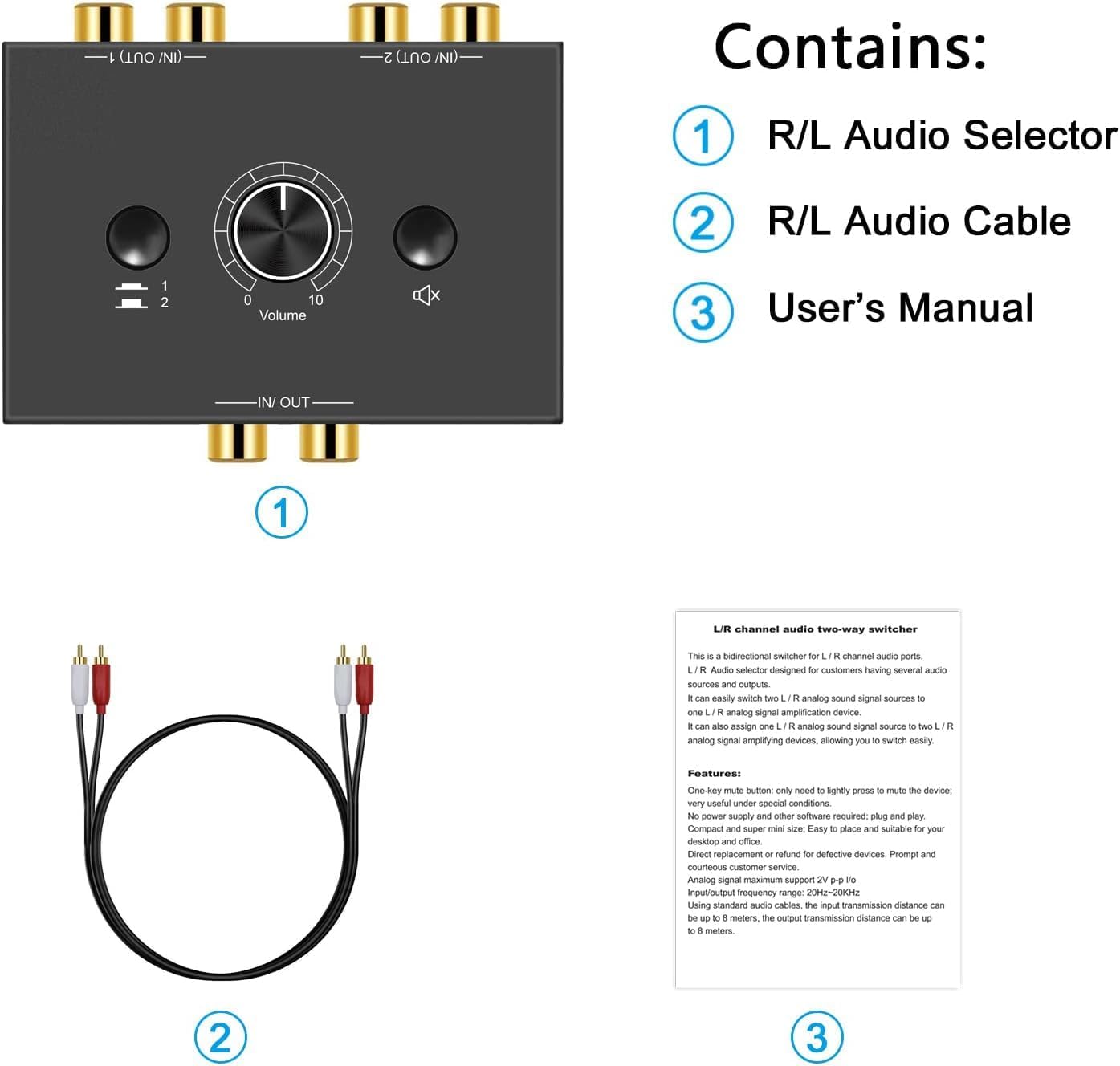 UNSTINCER Audio Switch RCA L/R Jack 1(2)-Input-2(1)-Output, Analog Stereo Aux Selector, Metal Case for HiFi Amplifiers, Phono, PC, Headphones, Speakers, Home Theater, Gaming Setup