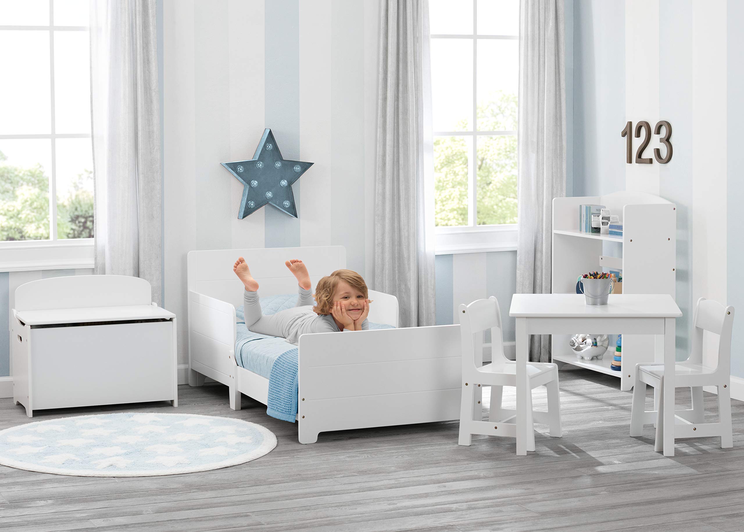 Delta Children MySize Toddler Bed - White Bianca with Dual-Sided Recycled Fiber Core Mattress, 2 Attached Safety Guardrails, 50 lbs Weight Limit (30