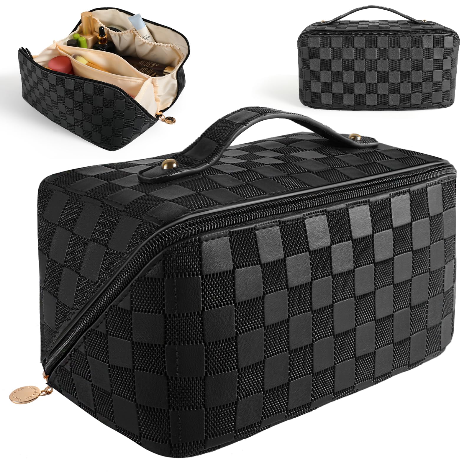 Large Capacity Waterproof PU Leather Travel Makeup Bag with Handle & Divider - Portable Cosmetic Organizer for Women, Checkered Design (Black) | Perfect for Vacation, Business Trips & Daily Use