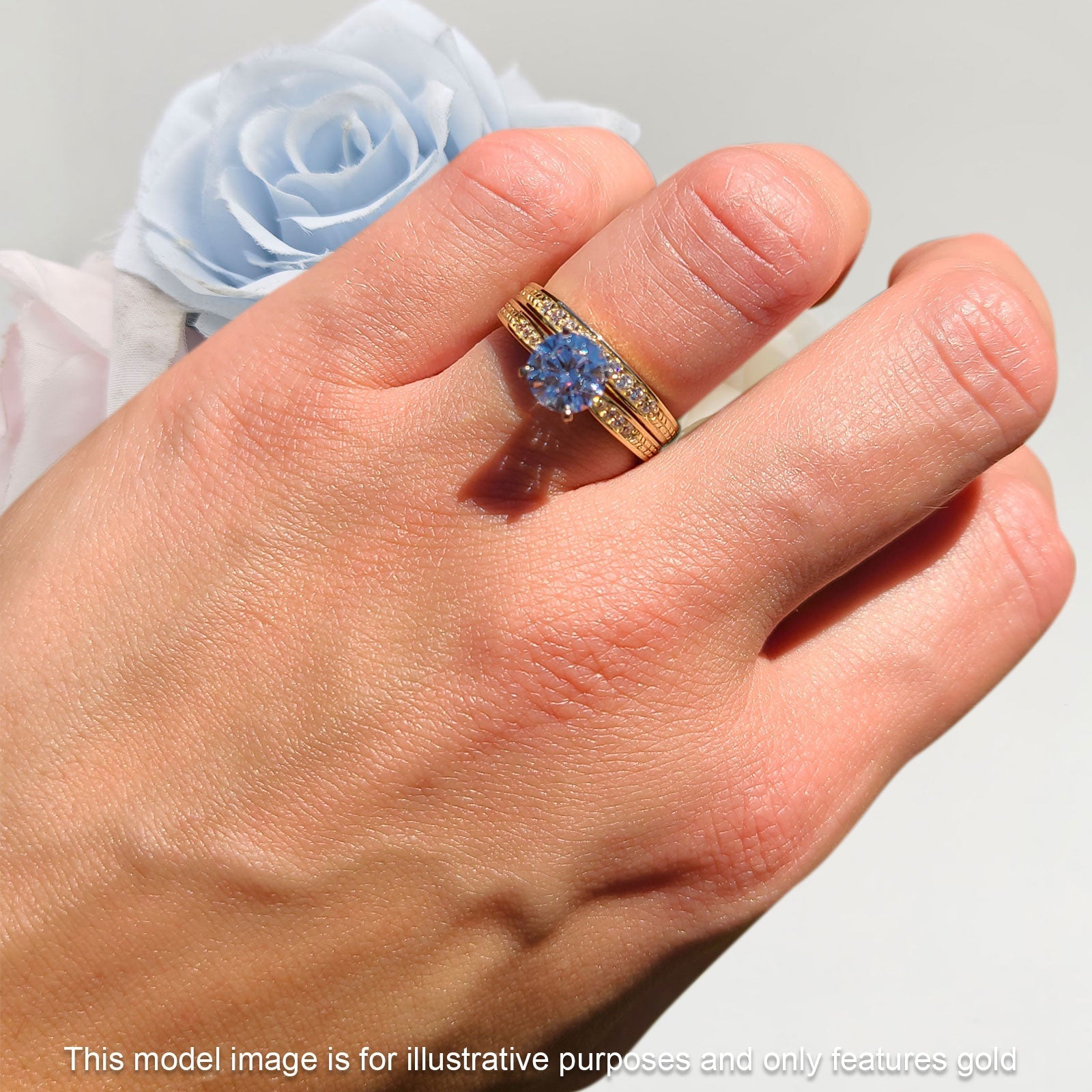 14K White Gold Round Two Piece Blue Sapphire CZ Bridal Ring Set - Elegant Wedding Band for Engagement, Anniversary & Special Occasions