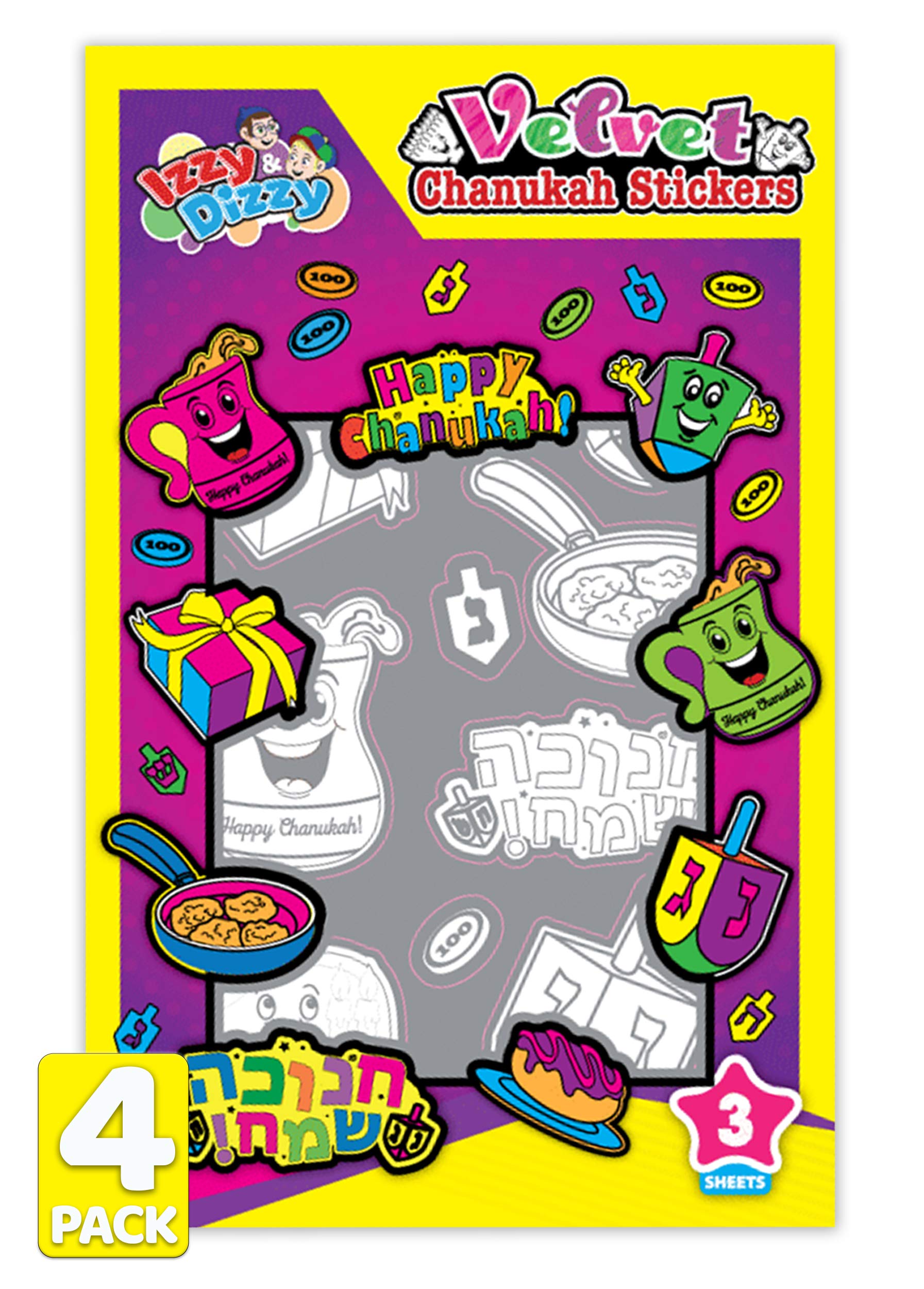 Velvet Hanukkah Stickers to Color - 3 Sheets of Black & White Chanukah Designs (Pack of 4) | DIY Jewish Holiday Crafts for Kids, Scrapbooking & Gift Wrapping