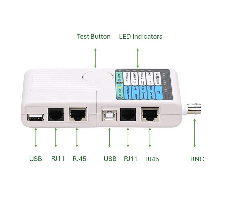 RJ11 RJ45 USB BNC 4-in-1 Cable Tester - Multifunction Network Connectivity Tester for Ethernet, Phone Lines, USB Devices & Security Cameras - Perfect for IT Professionals, Network Installations & Home Office Setup