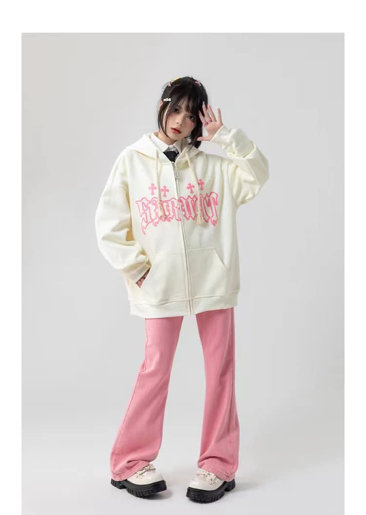 Goth Embroidery Hoodie for Women - High Street Harajuku Retro Hip Hop Zip Up Sweatshirt | Loose Fit Y2K Style Hoodie for Streetwear & Casual Fashion