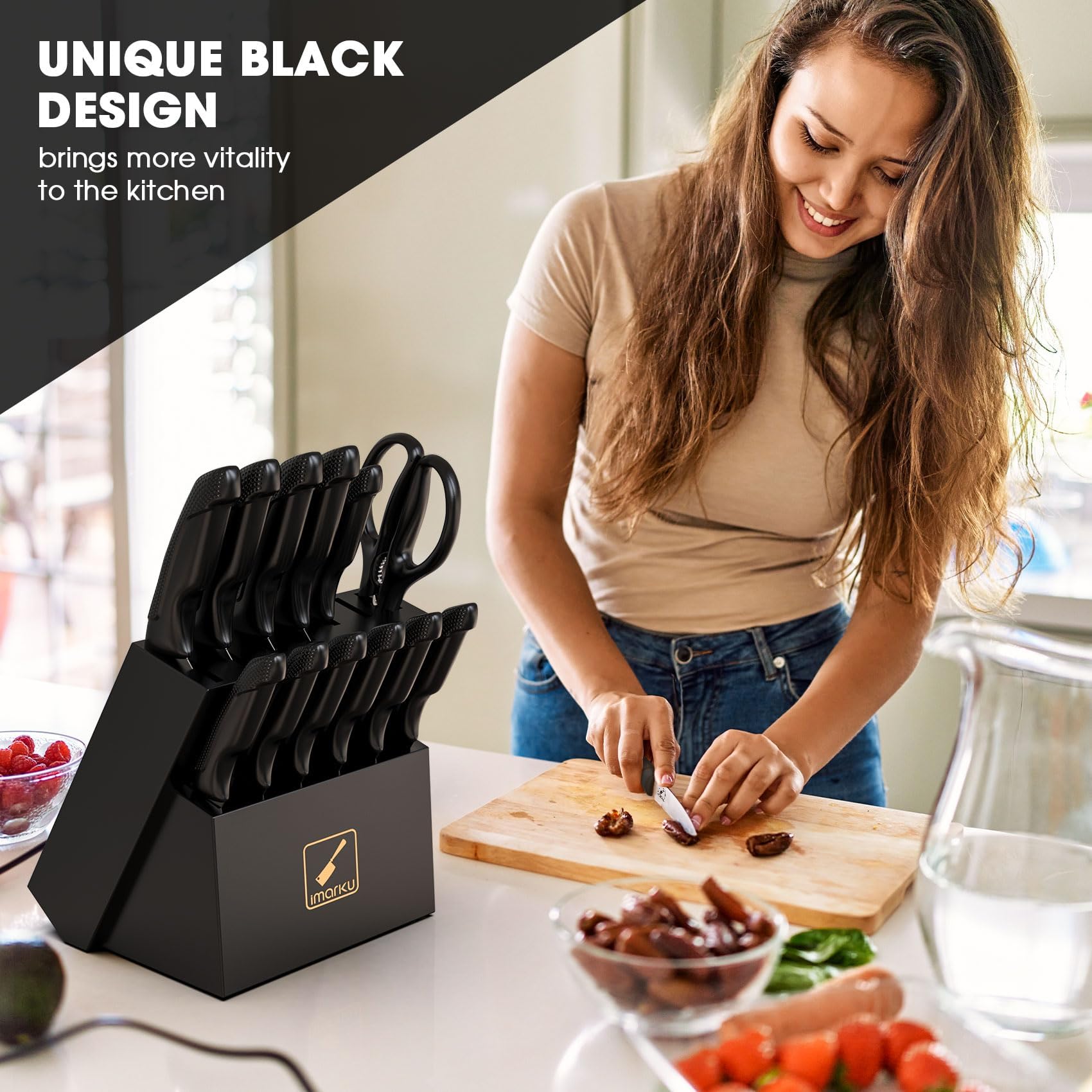 IMARKU 14-Piece Professional Knife Set with Block - Stainless Steel Kitchen Knives with Built-in Sharpener, Non-Slip Ergonomic Handles, Dishwasher Safe - Perfect for Home Chefs, Cooking Enthusiasts & Gift Giving