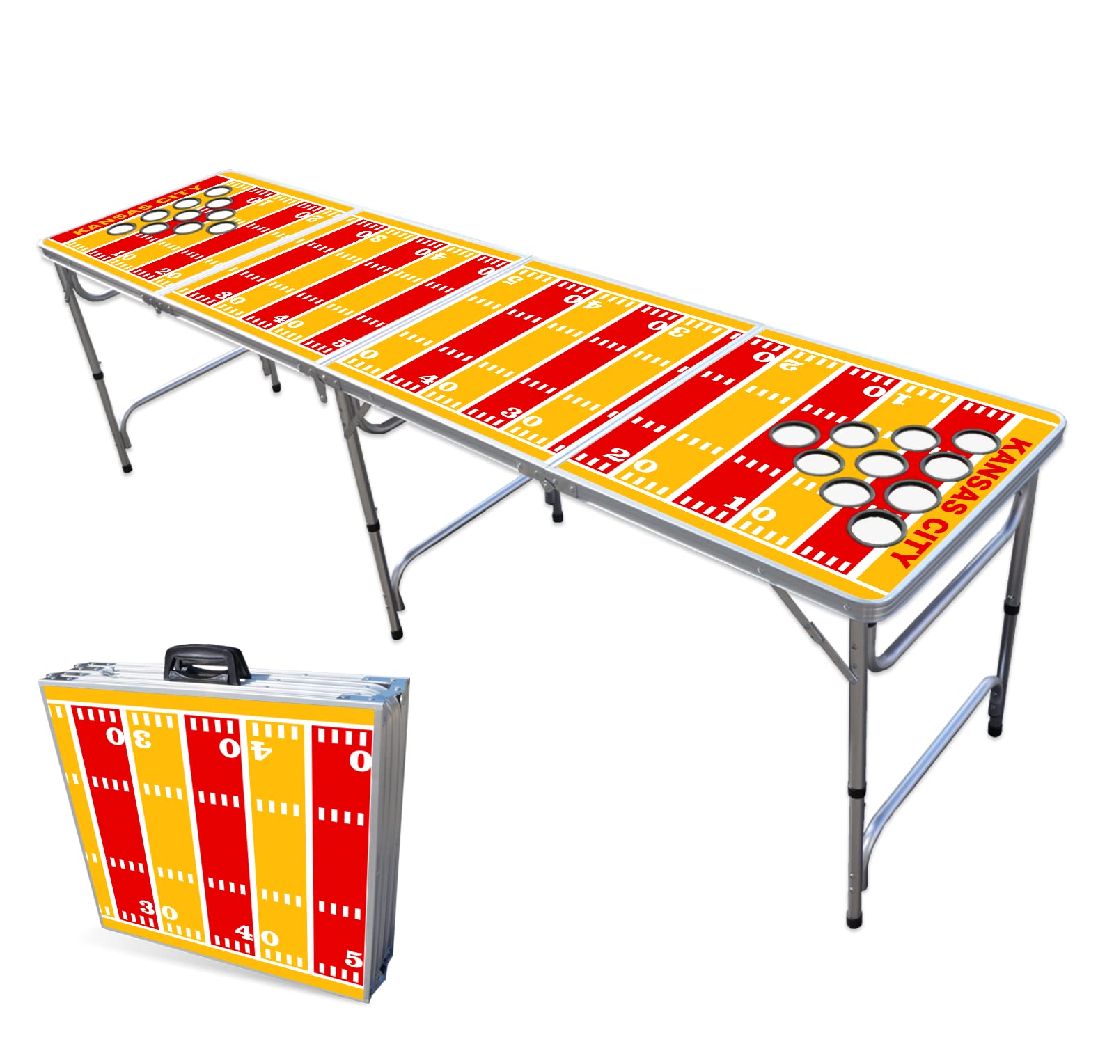 8-Foot Folding Portable Beer Pong Table with LED Lights & Cup Holders - Kansas City Chiefs Football Field Design | Perfect for Tailgating, Backyard Parties & College Events