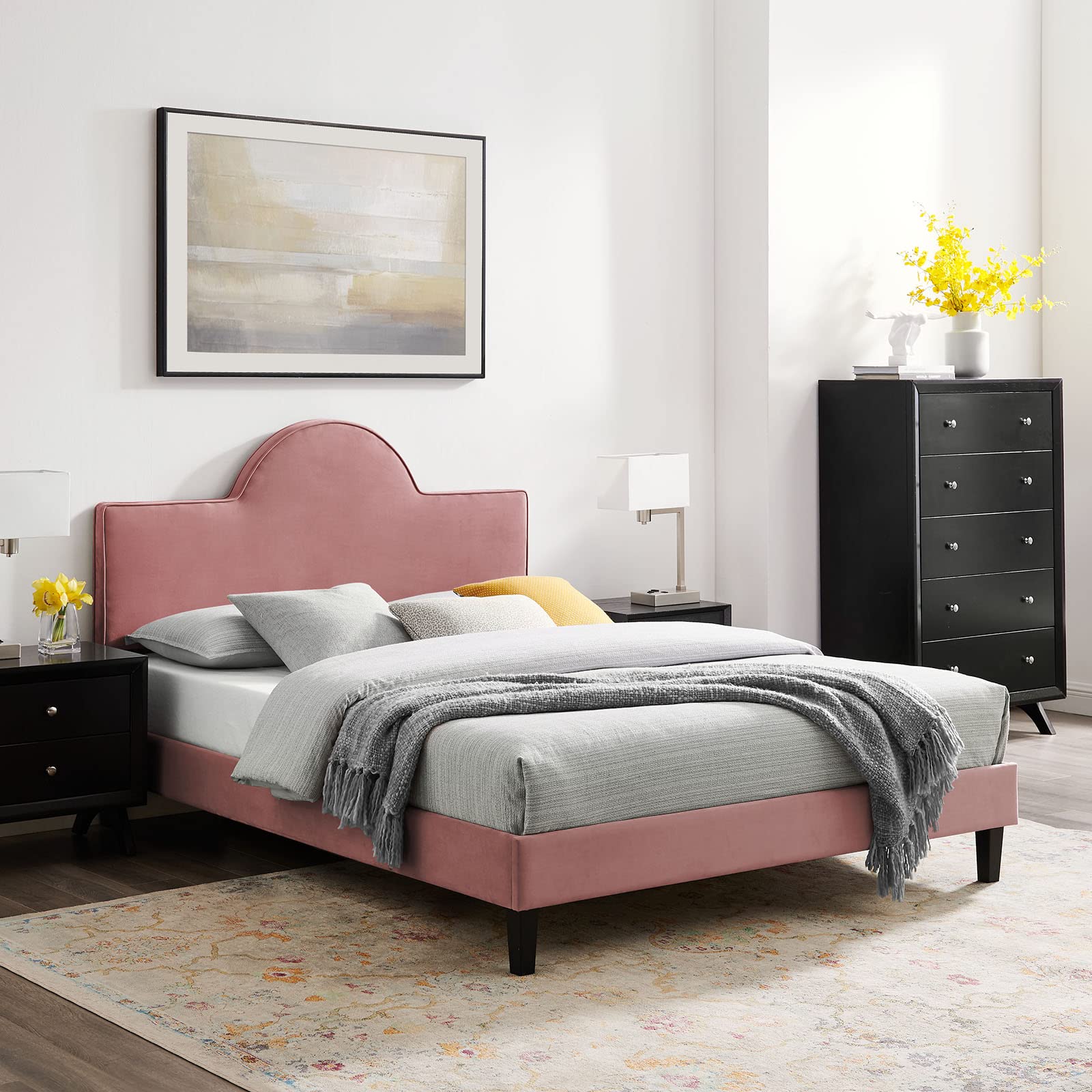 Modway Performance Velvet Queen Size Bed Frame with Platform Base in Dusty Rose - Luxurious Bedroom Furniture for Modern Master Bedroom Decor