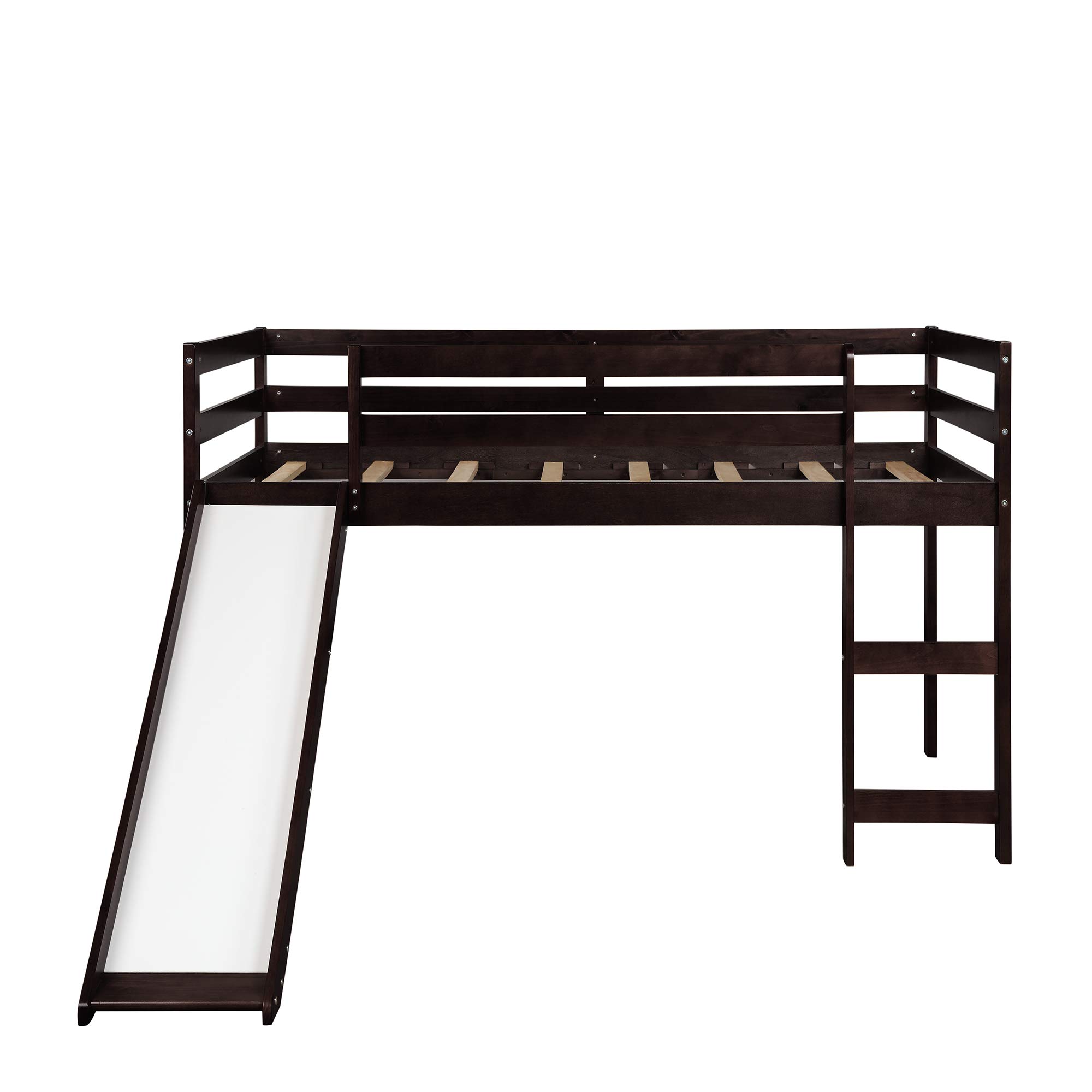 JULYFOX Twin Loft Bed with Slide for Kids - Solid Pine Wood Bunk Bed Frame with Ladder, Headboard & Guard Rails - No Box Spring Needed - Space-Saving Junior Bed for Teens & Small Rooms - Perfect for Bedrooms, Playrooms & Dormitories (Espresso)