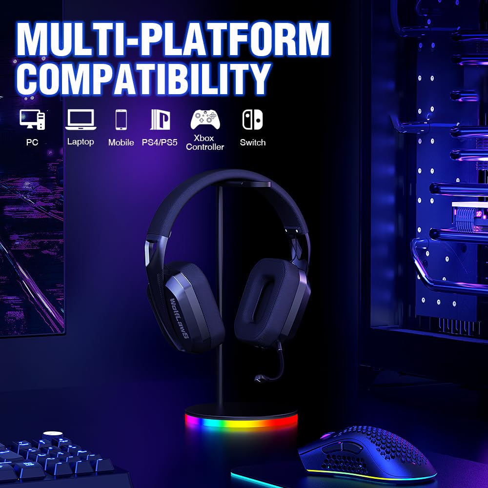 Wireless Gaming Headset for PC, PS5, PS4, Mac & Nintendo Switch - Bluetooth Over-Ear Headphones with Detachable Mic, Low Latency, 48H Battery, Noise Cancelling - Lightweight Comfort for Gaming, Streaming & Online Meetings (Black)