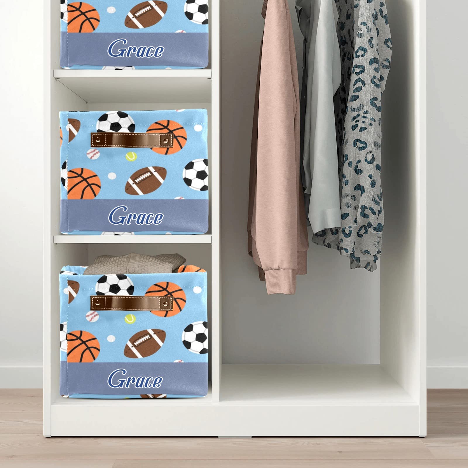 Personalized Blue Sports Balls Storage Bins - 4 Pack Durable Cube Organizer with Handles for Shelves, Wardrobe, Nursery & Toy Organization | Perfect for Kids' Rooms, Playrooms & Sports Equipment Storage