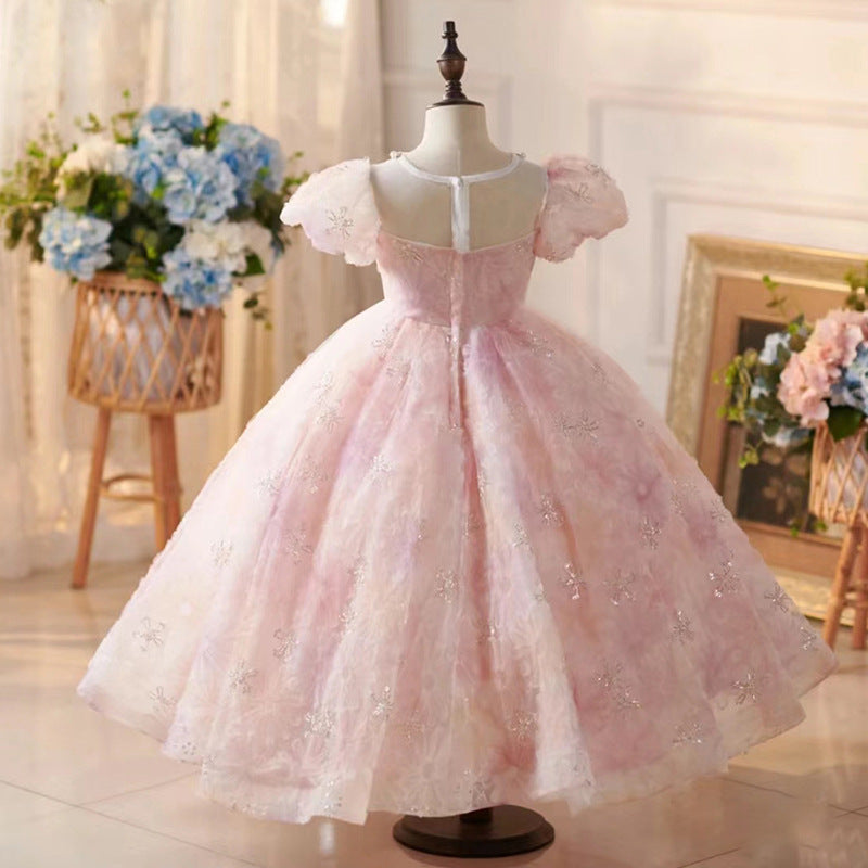 Elegant Pink Tulle Flower Girl Dress with Lace & Puff Sleeves - Perfect for Weddings, Baptisms & Special Occasions