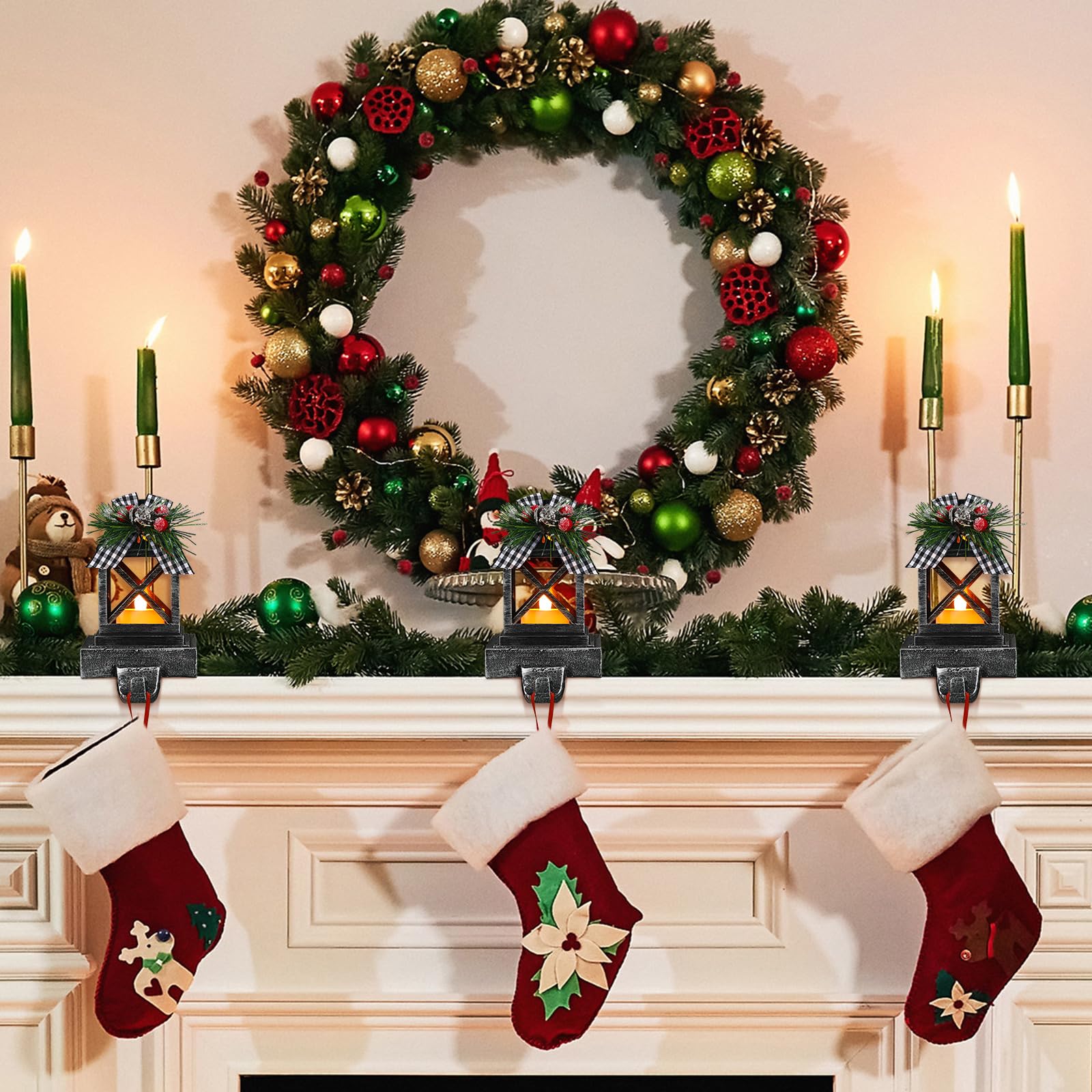 Therwen 2-Pack Christmas Stocking Holders - Classic Black Retro Lantern Hangers with Lights for Fireplace Mantel - Indoor/Outdoor Holiday Decor for Home, Party & Gift Giving