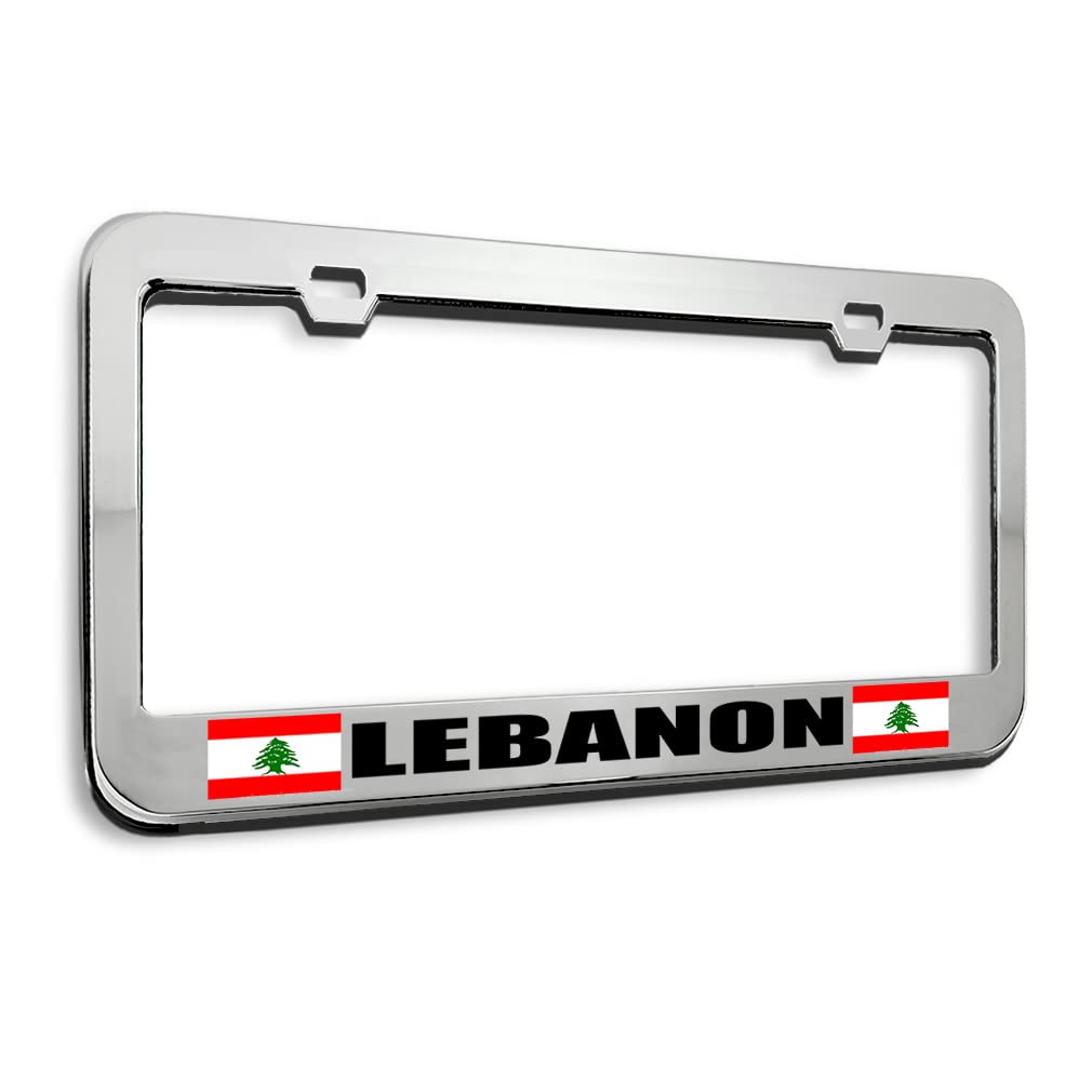 Speedy Pros Black Metal License Plate Frame with Lebanon Lebanese Flag - Chrome 2-Hole Design for Cars, Trucks & SUVs - Durable Car Accessories for Everyday Driving & National Pride Display