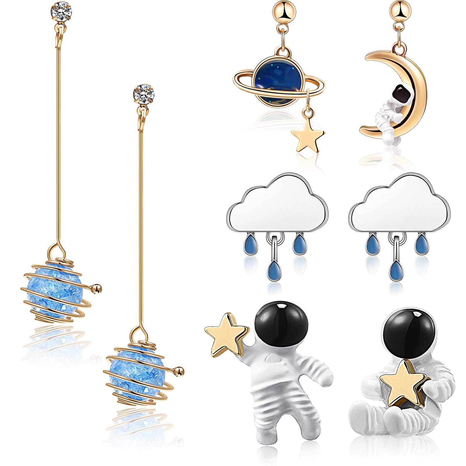4 Pairs Astronaut Stud Earrings - Asymmetric Spaceman Star Moon Earrings - Planet Star Dangle Earrings for Women - Perfect for Cosplay, Space Theme Parties & Unique Gifts