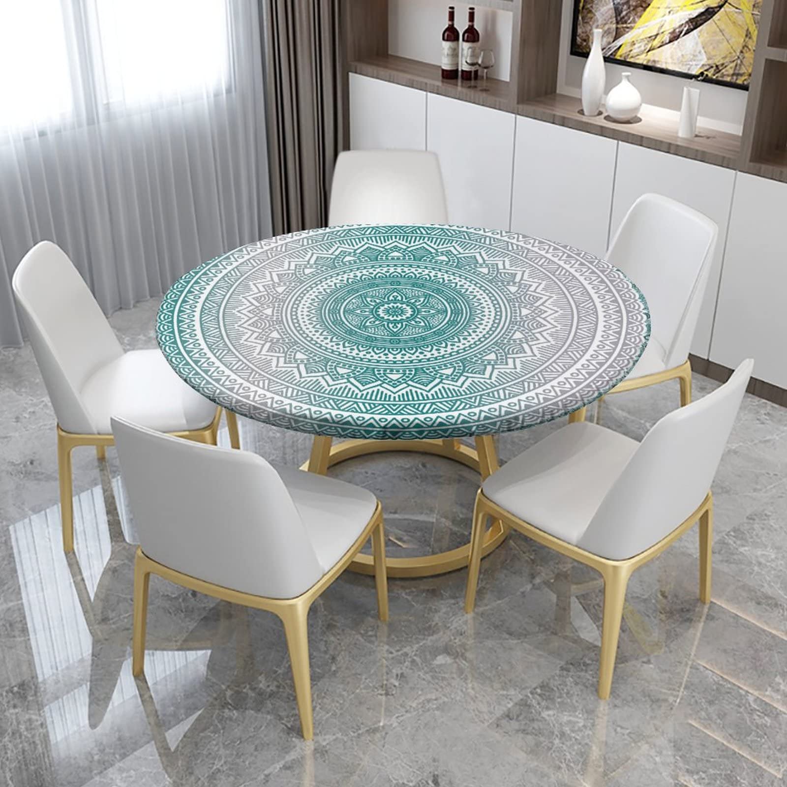 SongYi Mandala Fitted Round Tablecloth - Elastic Edge Waterproof Table Cover for 48 Inch Dining Table, Washable & Wipeable Fabric - Perfect for Outdoor Picnics, Dinner Parties & Home Decor (Turquoise)