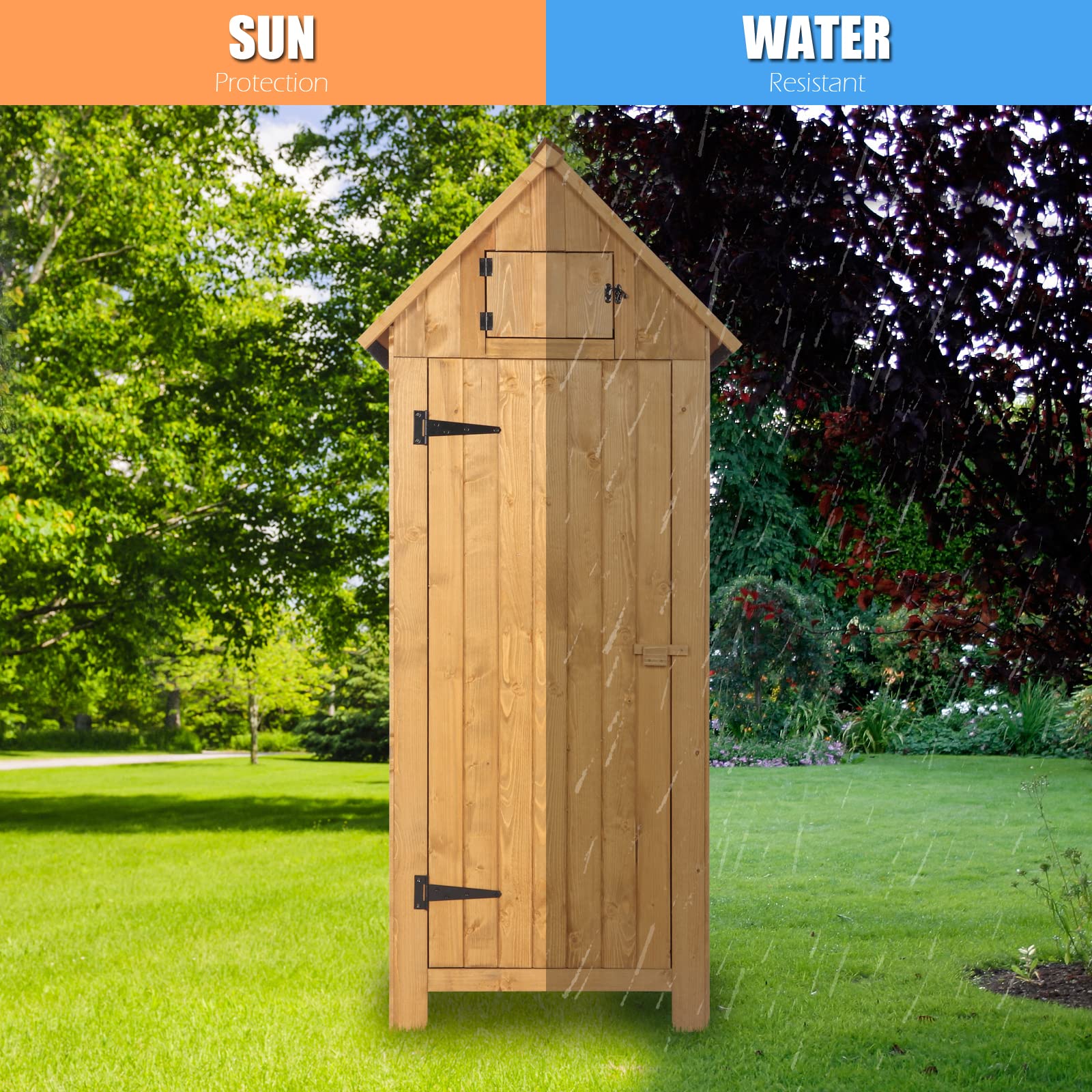 VINGLI Outdoor Wooden Storage Shed - Waterproof Garden Shed with Safety Latch, Heavy-Duty Tool Cabinet for Patio, Backyard & Lawn Equipment Organization (Teak Wood) | Perfect for Storing Gardening Tools, Pool Supplies & Seasonal Decor