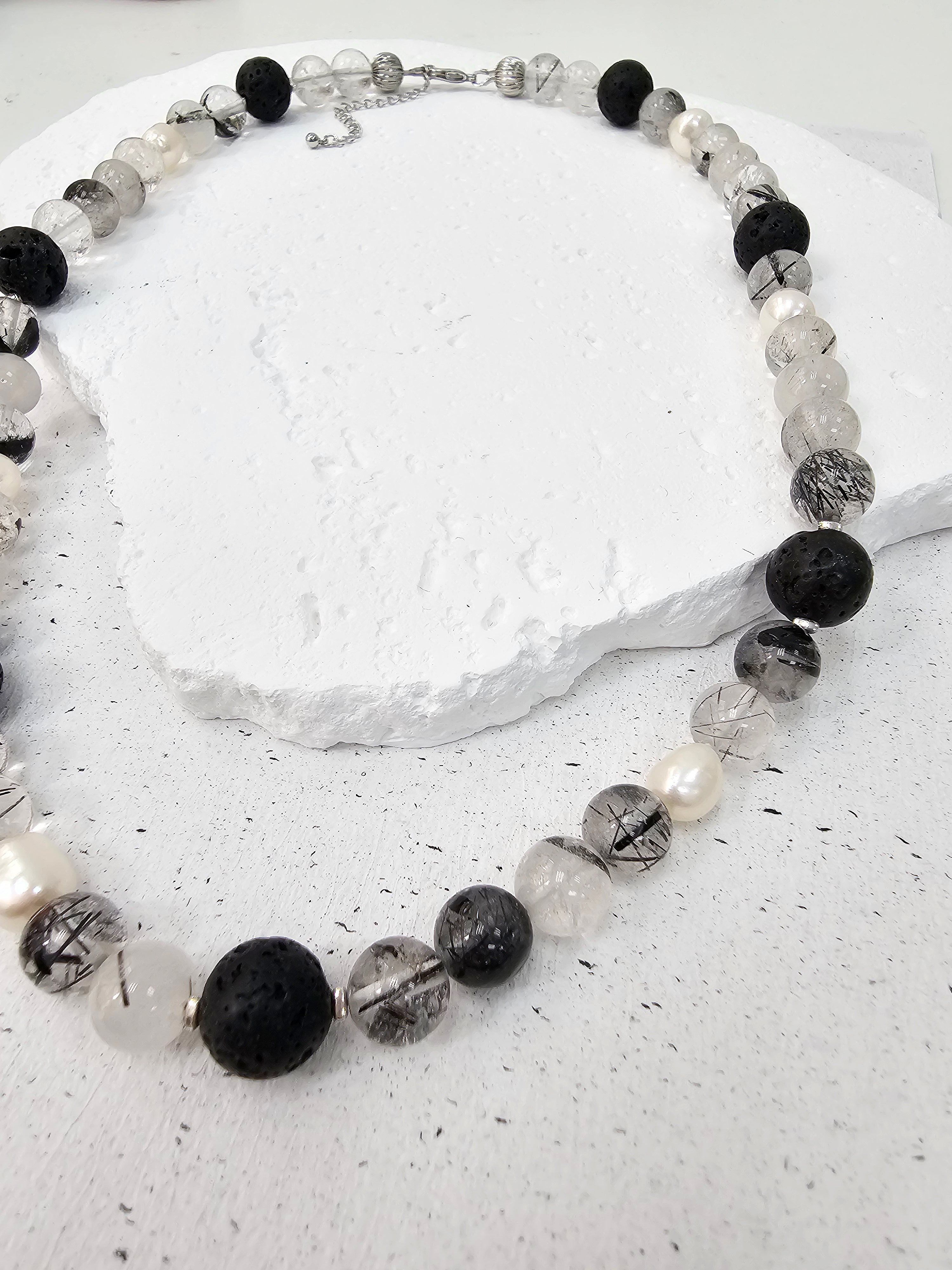 Black Rutilated Quartz Necklace with Lava Stone & Pearls for Men - Spiritual Healing Jewelry, Chakra Balancing, Meditation & Gift for Him
