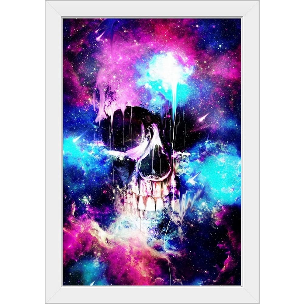 Space Skull White Framed Art Print - Skull & Bones Wall Decor for Gothic Home, Office, or Halloween Party Decoration
