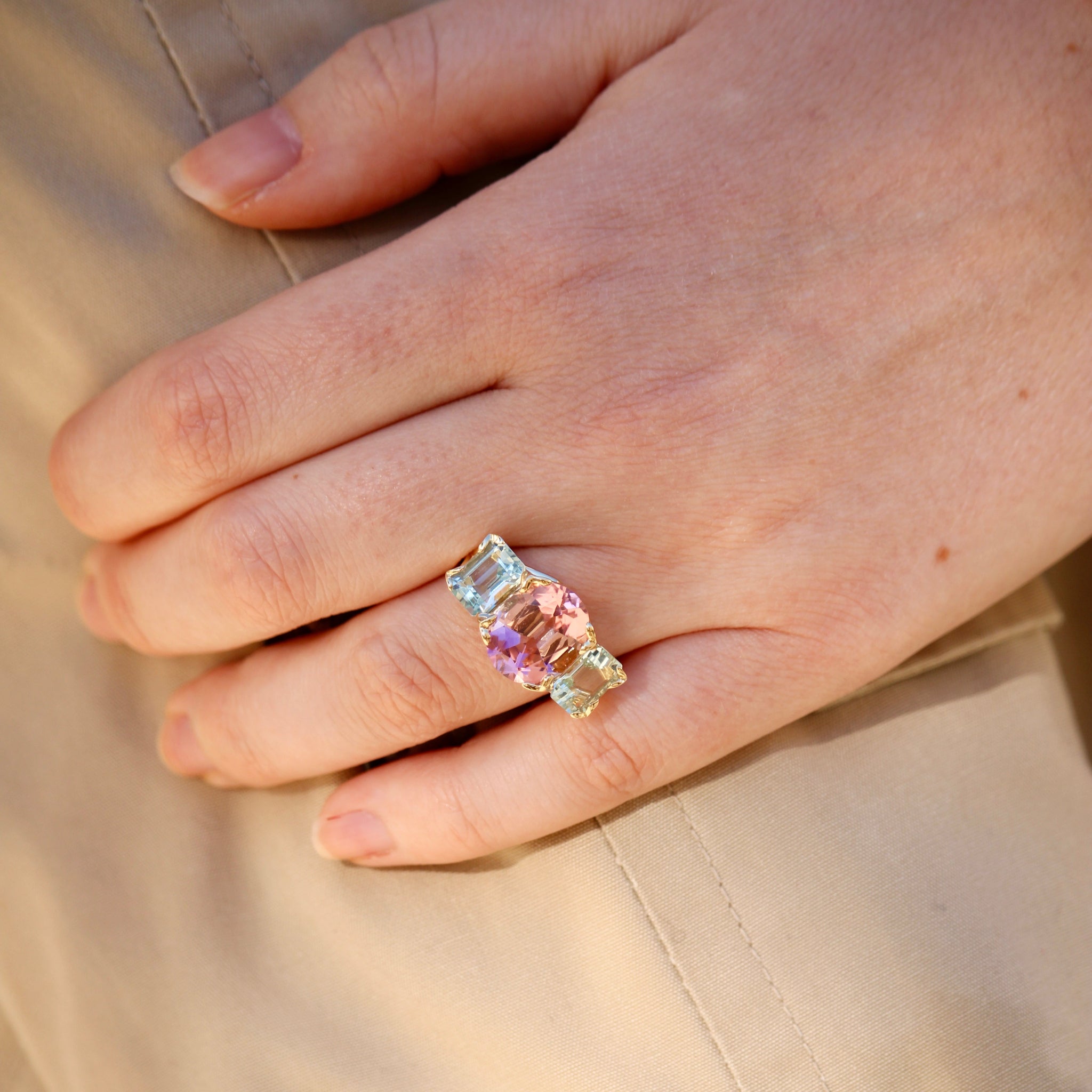 14K Gold Pink Tourmaline & Aquamarine River Ring for Women - Elegant Stackable Dainty Jewelry for Everyday Wear, Gift for Her, Wedding, Anniversary, or Special Occasion