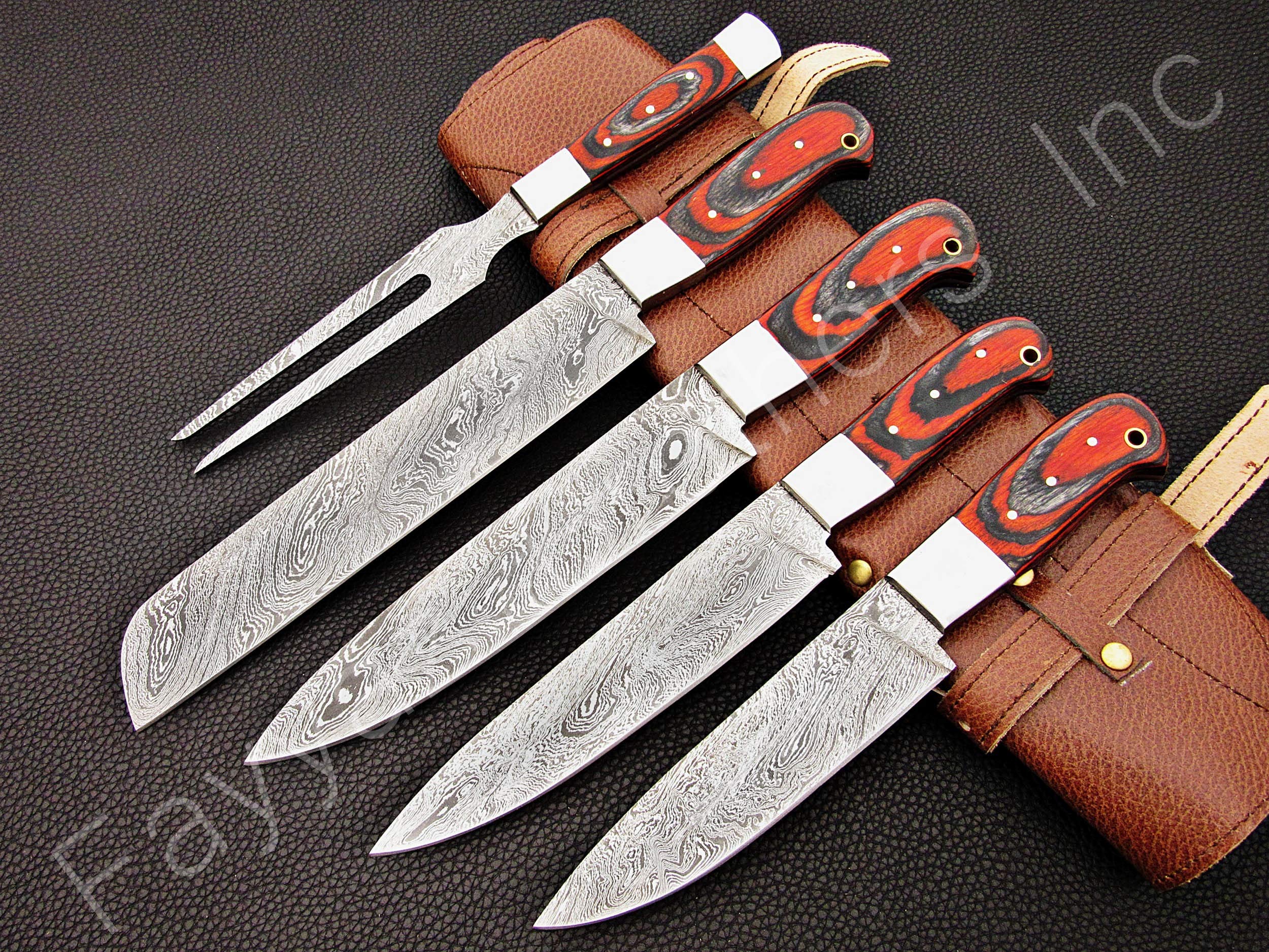 Premium Handmade Damascus Steel Kitchen Knives Set - 5-Piece Chef Knife Collection with Black & Red Wood Handle (FBK-1080) - Perfect for Professional Chefs, Home Cooking & Gourmet Gift Giving