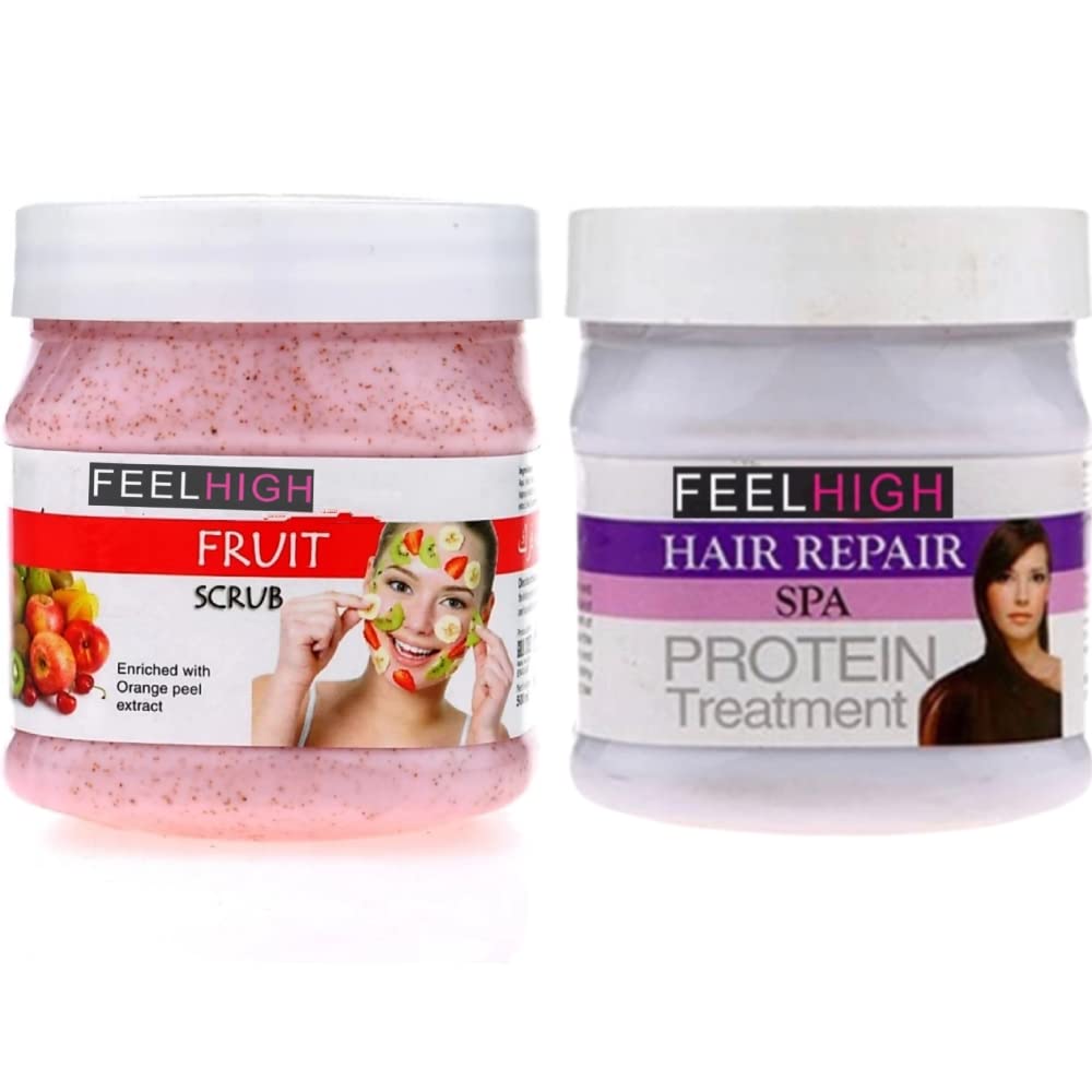 Feelhigh Exfoliating Face & Body Scrub with Mixed Fruit Extracts & Hair Spa Treatment Cream - 2-Piece Skincare Set for Glowing Skin & Healthy Hair - Perfect for Daily Use & Spa Days