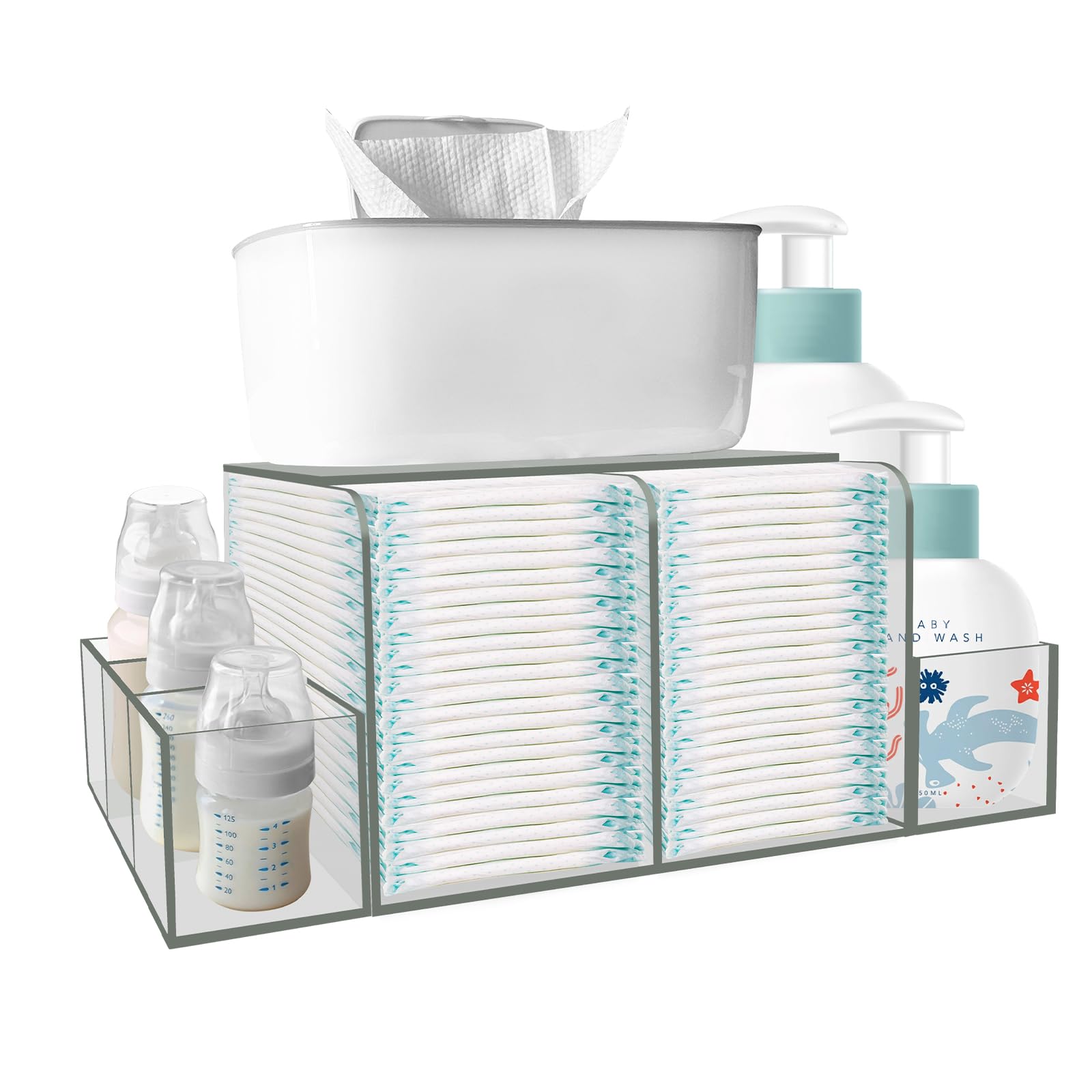 Baby Diaper Caddy Organizer - Detachable Clear Acrylic Diaper Storage for Wipes Dispenser & Warmer | Portable Changing Station for Nursery, Bedroom & Travel | Essential Diaper Changing Supplies for New Parents