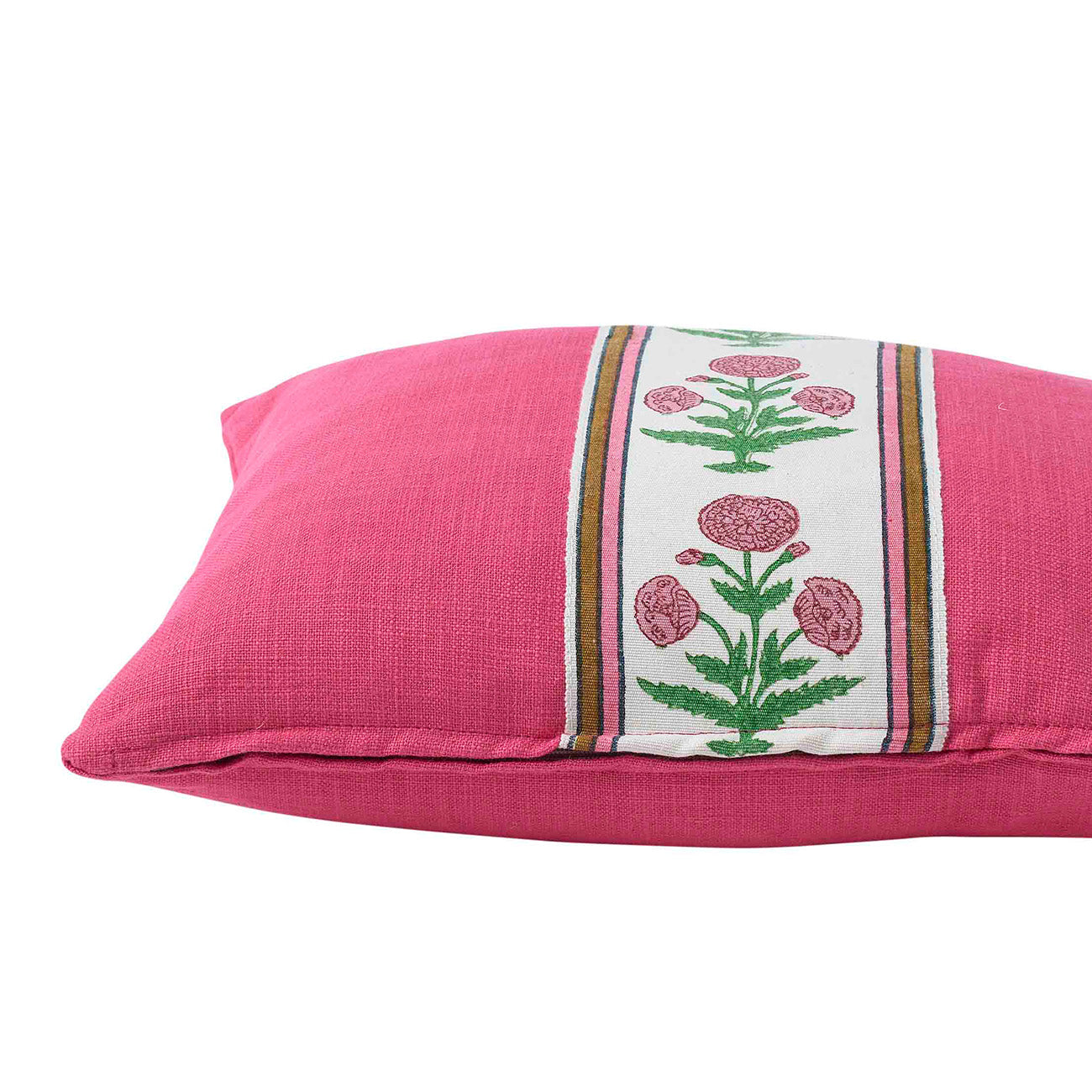 Hot Pink Cotton Cushion with Poppy Pink and Green Tape - Soft Throw Pillow for Sofa, Bed, or Home Decor